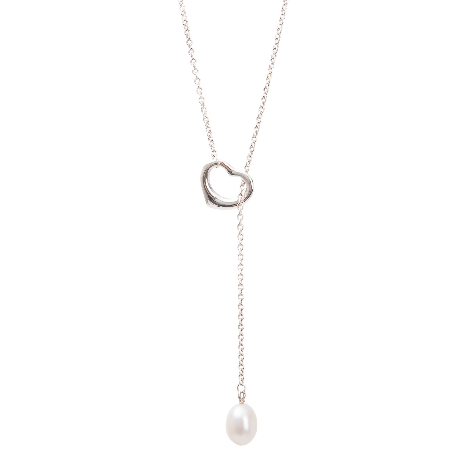 Tiffany & Co. Elsa Peretti Sterling Silver Open Heart Pearl Lariat Necklace, 9-9.5 mm