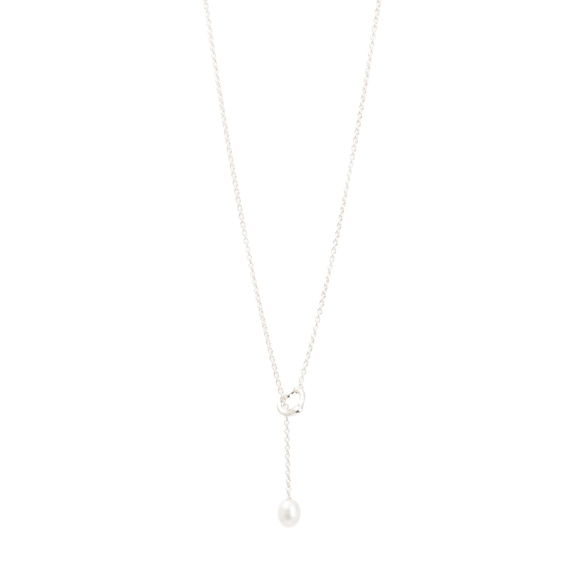 Tiffany & Co. Elsa Peretti Sterling Silver Open Heart Pearl Lariat Necklace