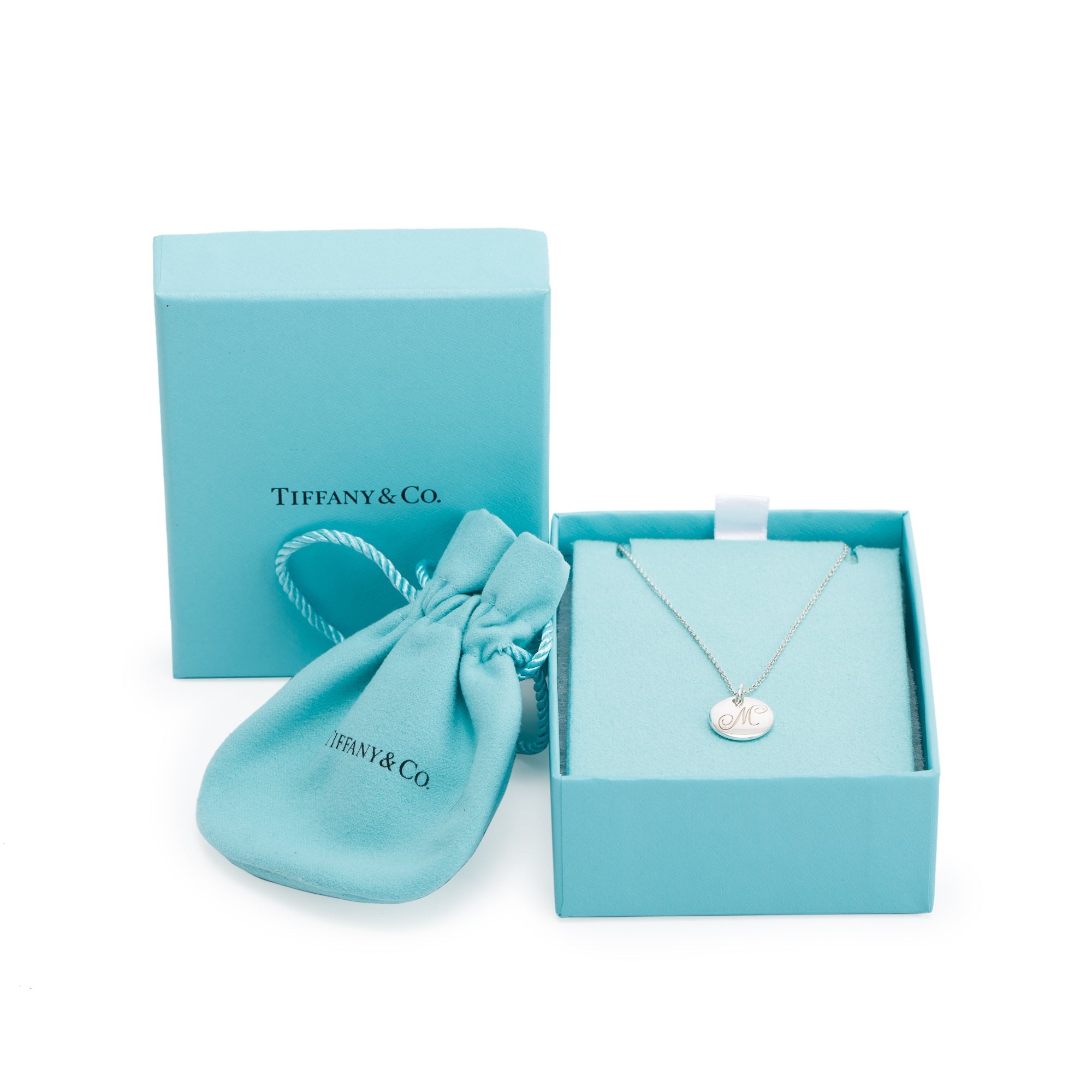 Tiffany & Co. Notes Letter 'M' Disc Charm Pendant Necklace w/ Box
