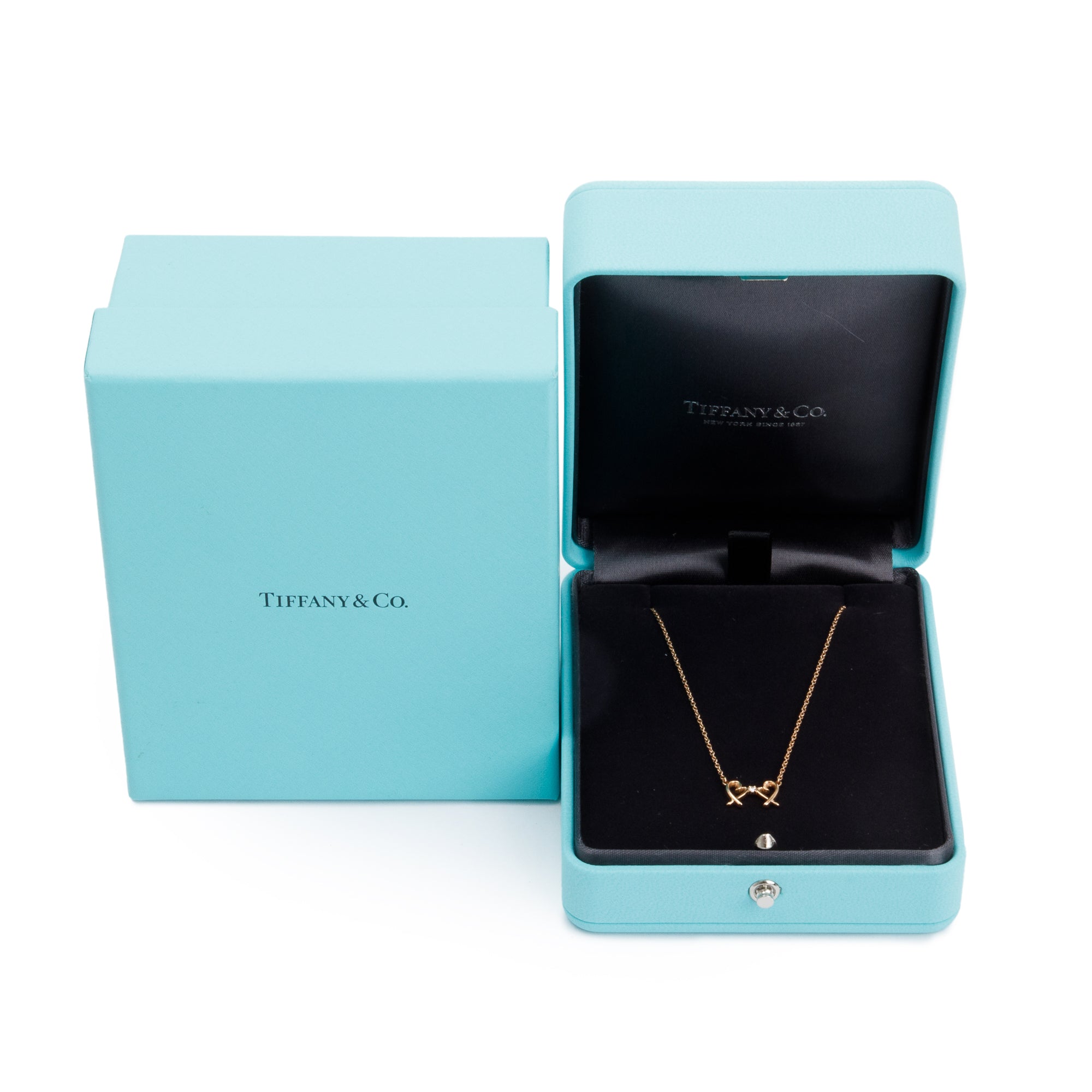 Tiffany & Co. Paloma Picasso 18k Rose Gold Diamond Mini Double Loving Heart Pendant Necklace w/ Box