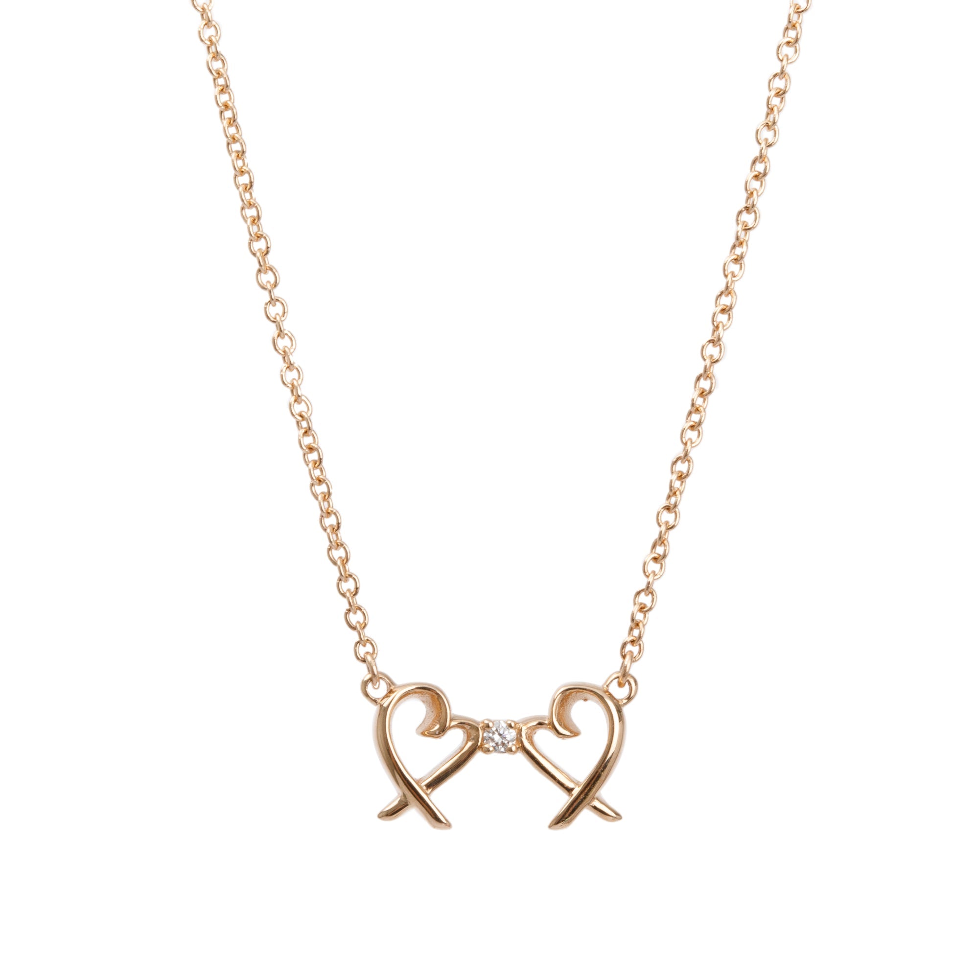 Tiffany & Co. Paloma Picasso 18k Rose Gold Diamond Mini Double Loving Heart Pendant Necklace w/ Box