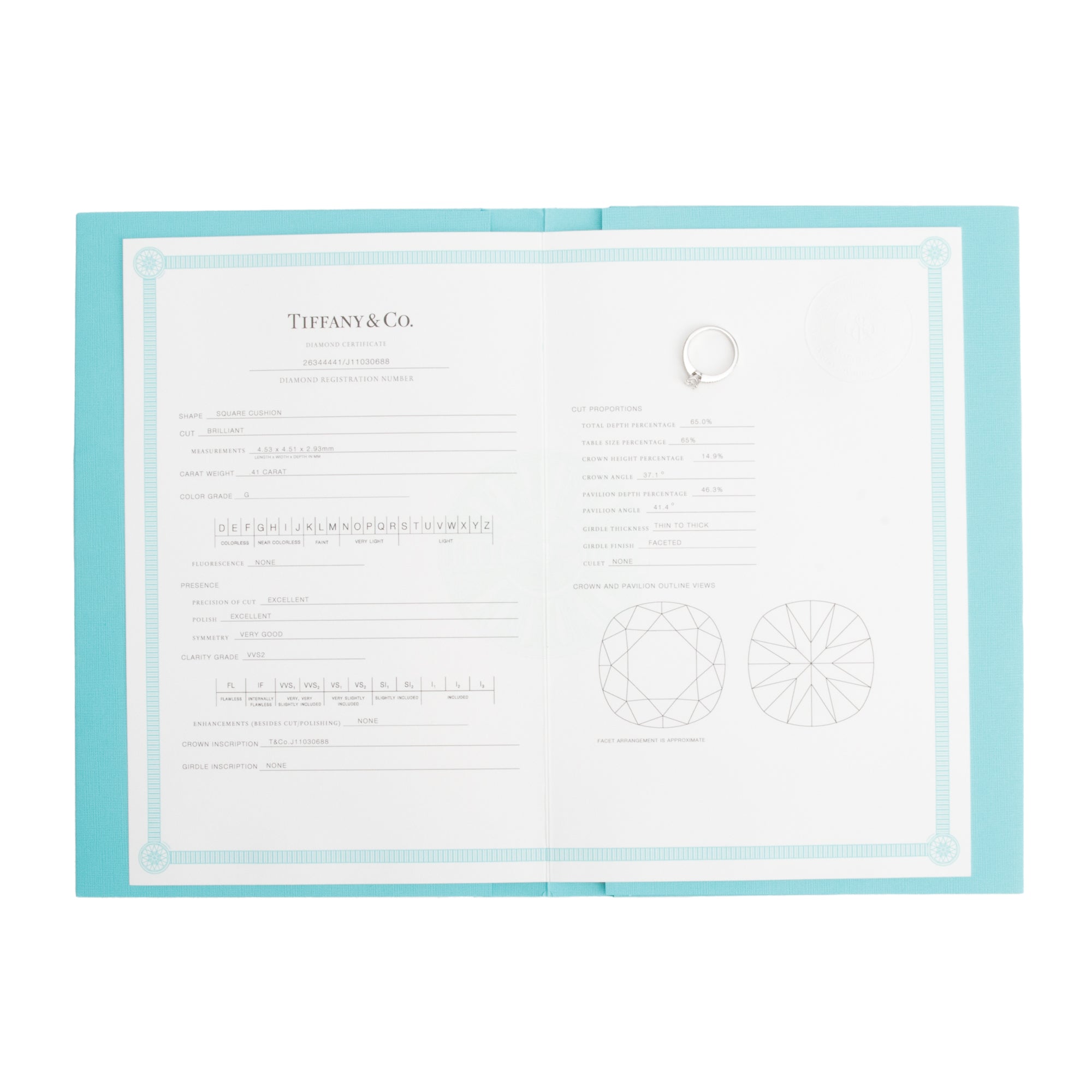 Tiffany & Co. Platinum 0.41 ct. Square Cushion Cut Diamond Novo Engagement Ring, Size 4.5 w/ Papers