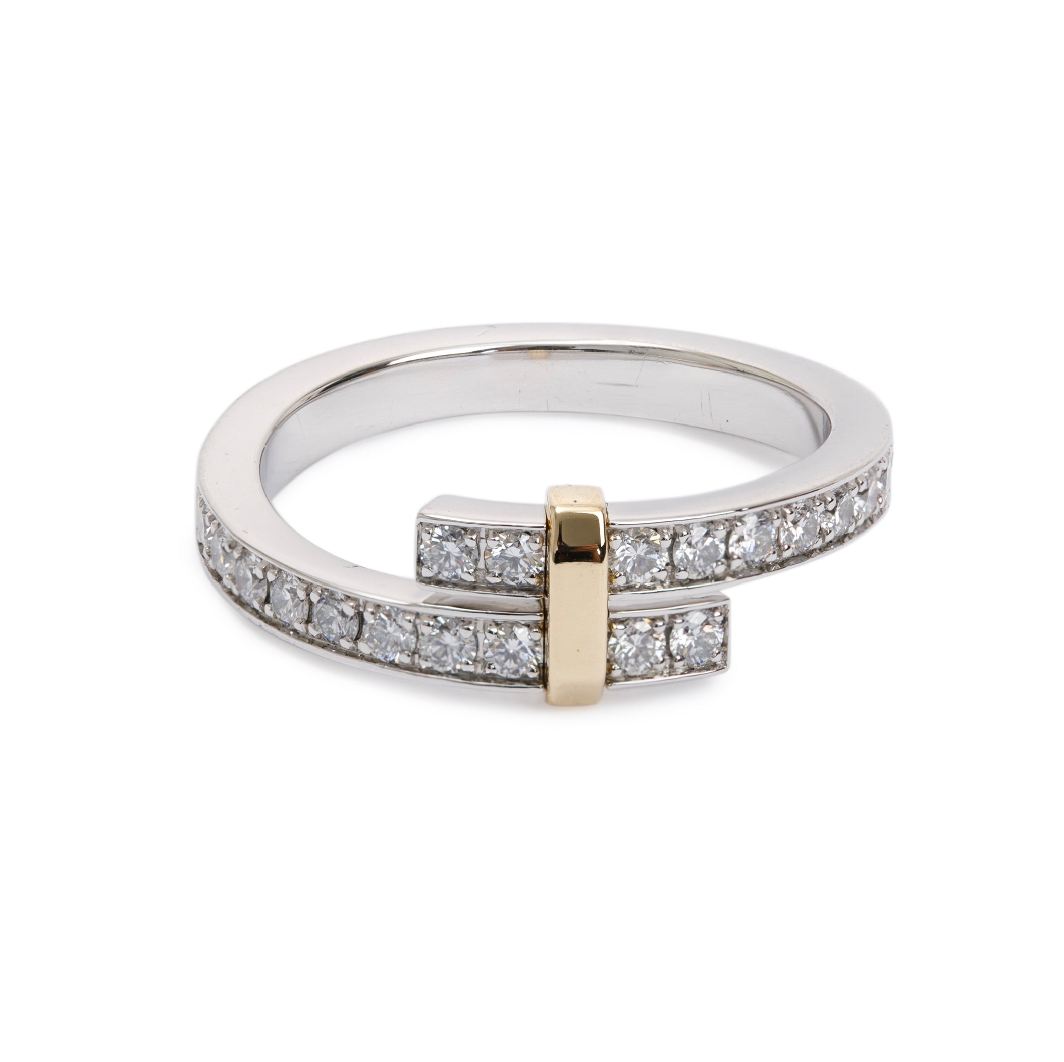 Tiffany & Co. Platinum & 18K Yellow Gold Diamond Narrow Edge Bypass Ring, Size 6