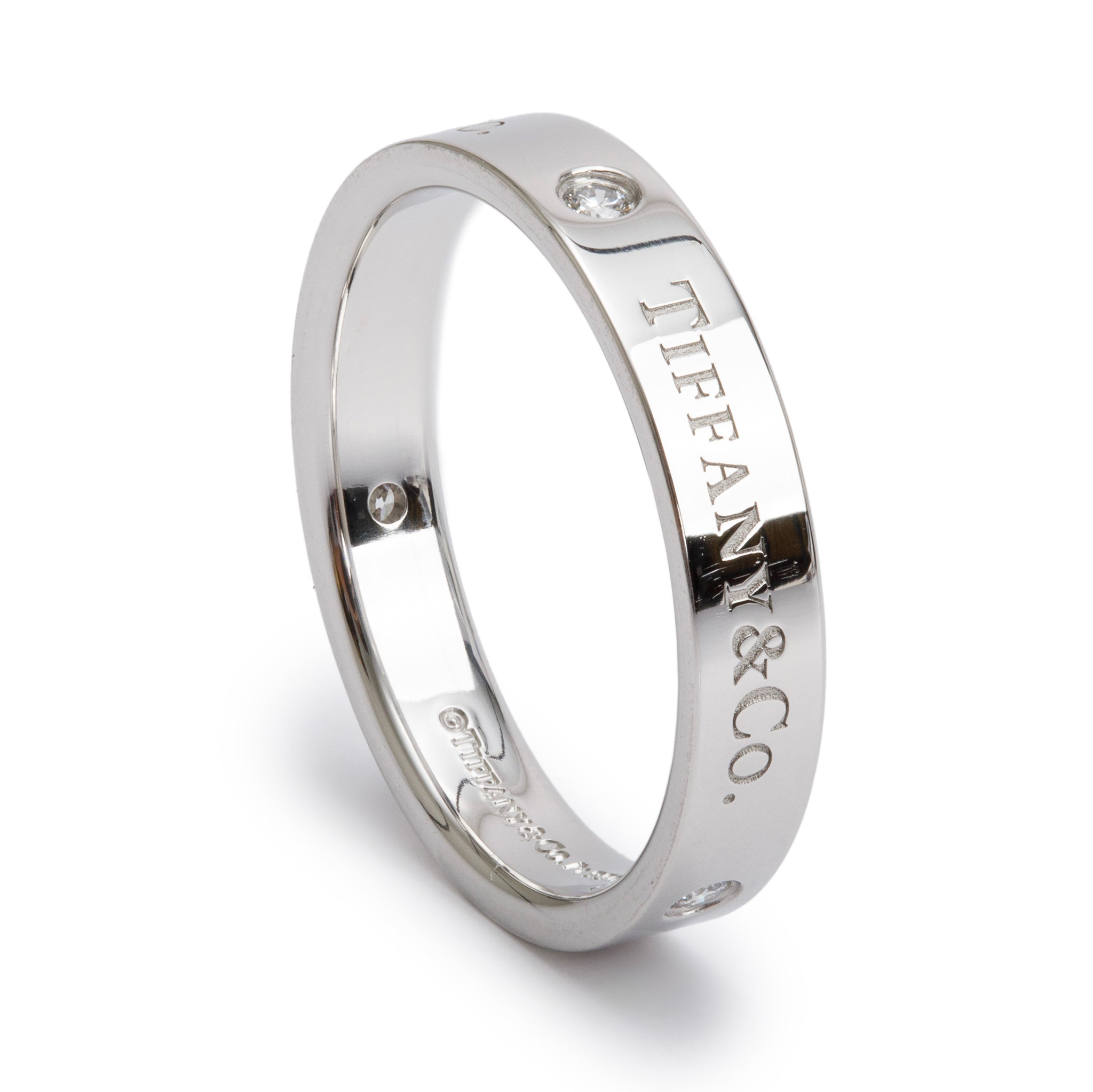 Tiffany & Co. Platinum & 3 Diamond 4 MM Logo Band Ring, Size 9.25 w/ Box