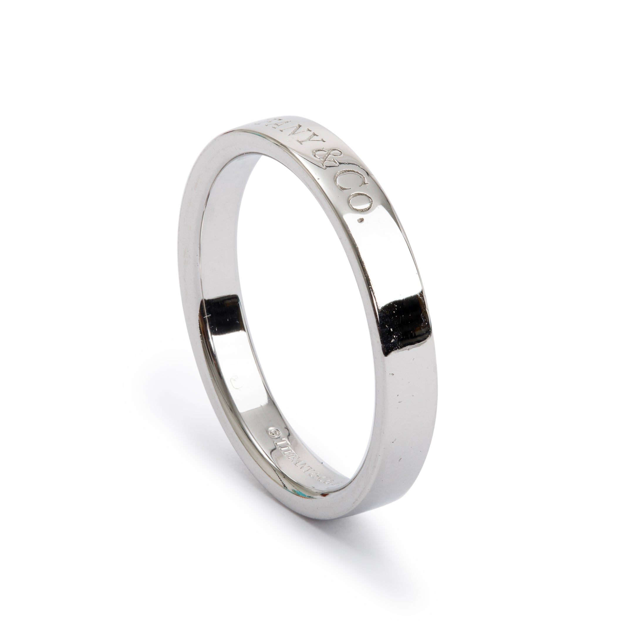 Tiffany & Co. Platinum 3 MM Logo Band Ring, Size 6.5