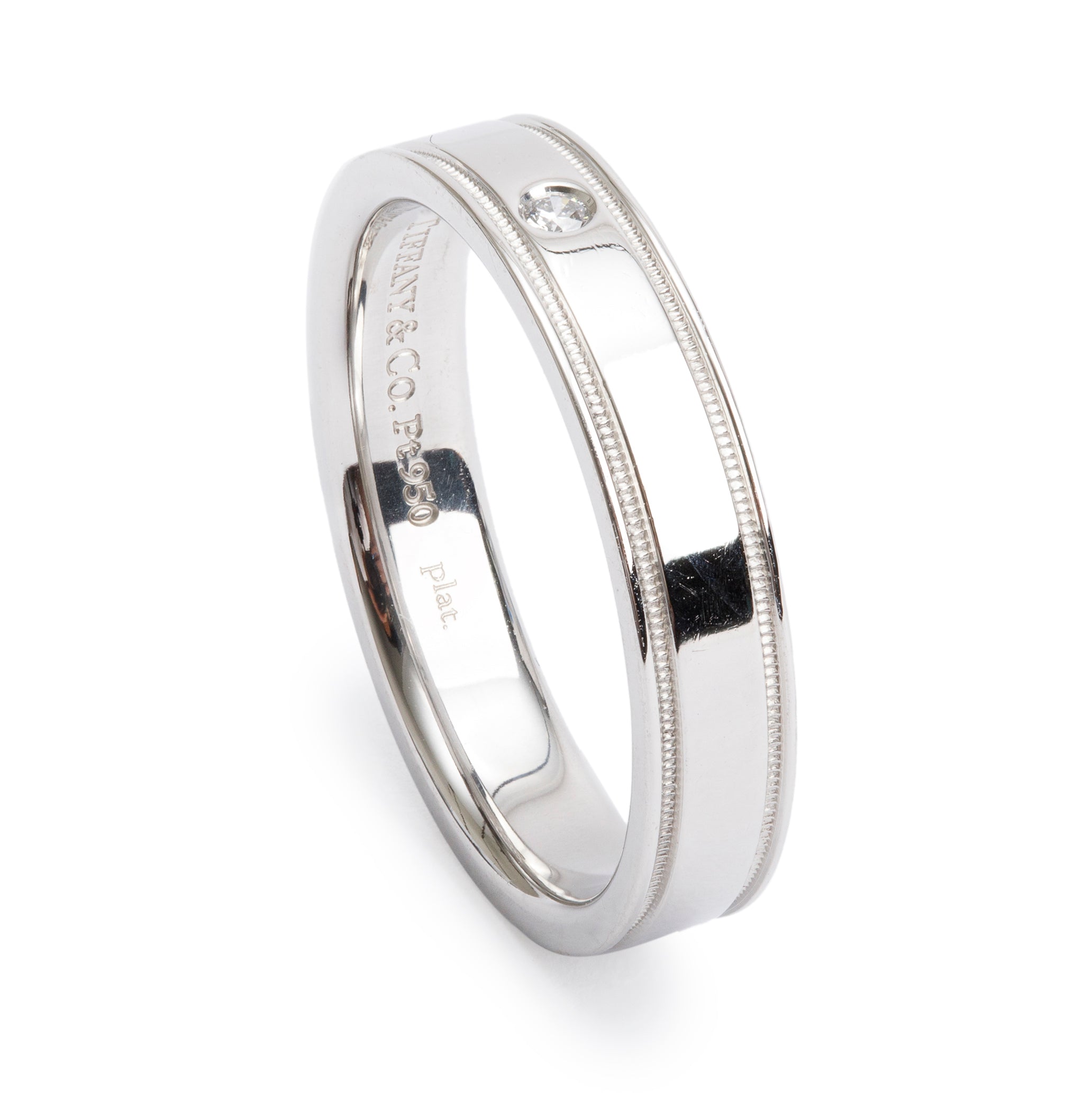 Tiffany & Co. Platinum & Diamond 4 MM Double Milgrain Wedding Band Ring, Size 6.5