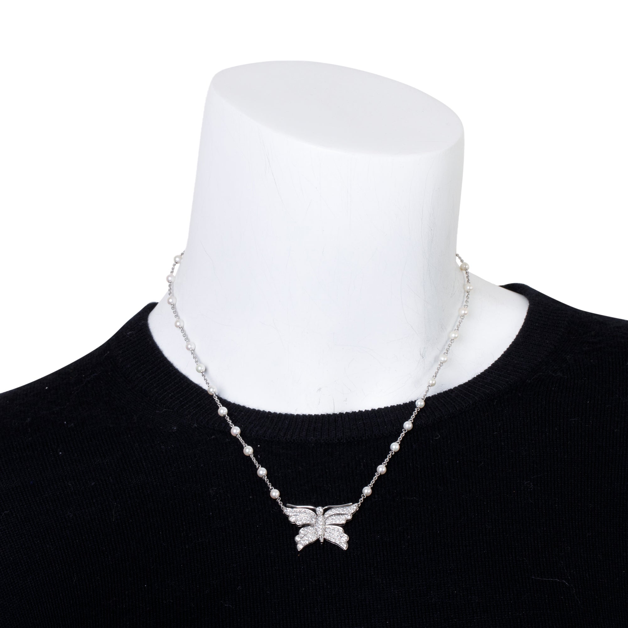 Tiffany & Co. Platinum Diamond Butterfly Pendant Pearl Necklace