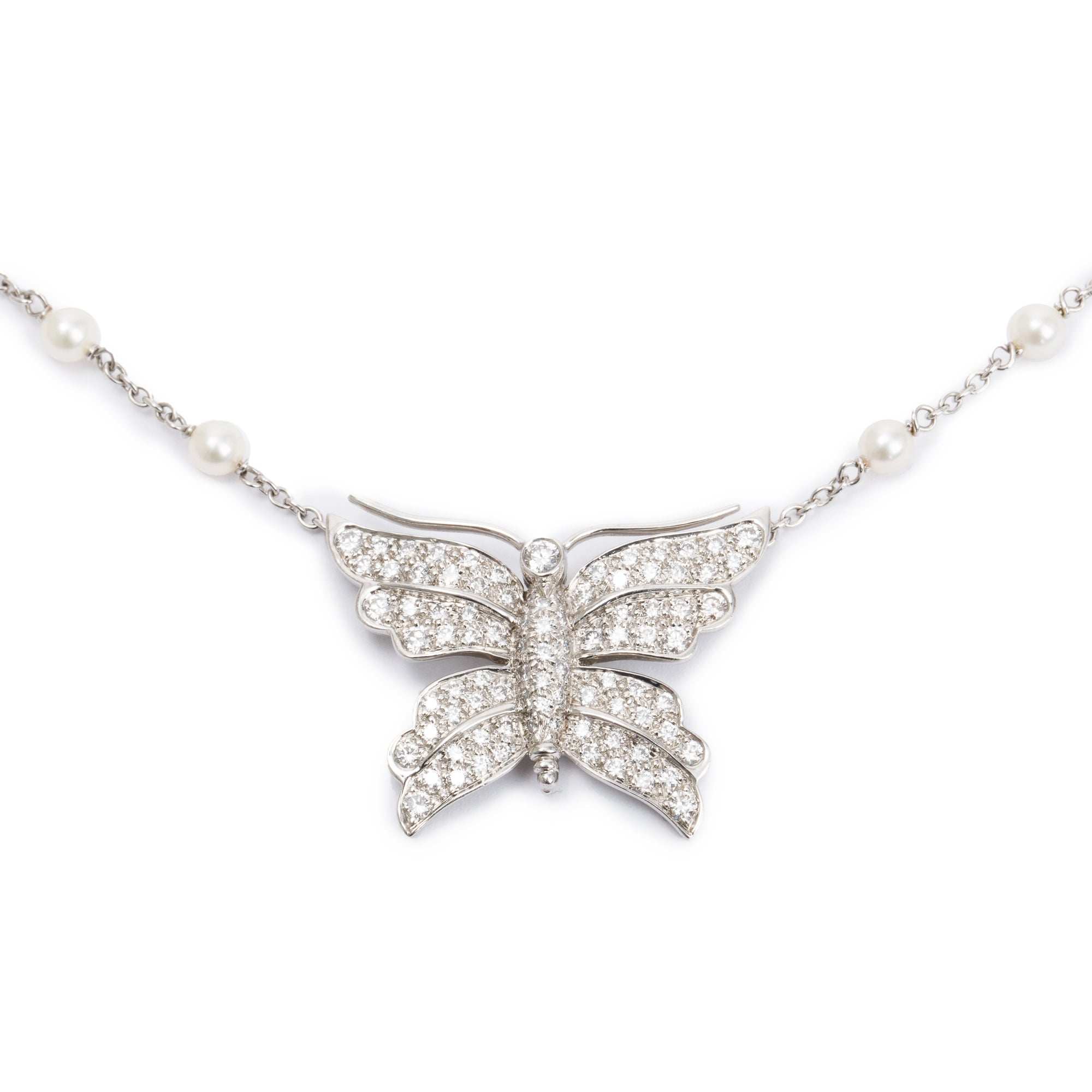 Tiffany & Co. Platinum Diamond Butterfly Pendant Pearl Necklace
