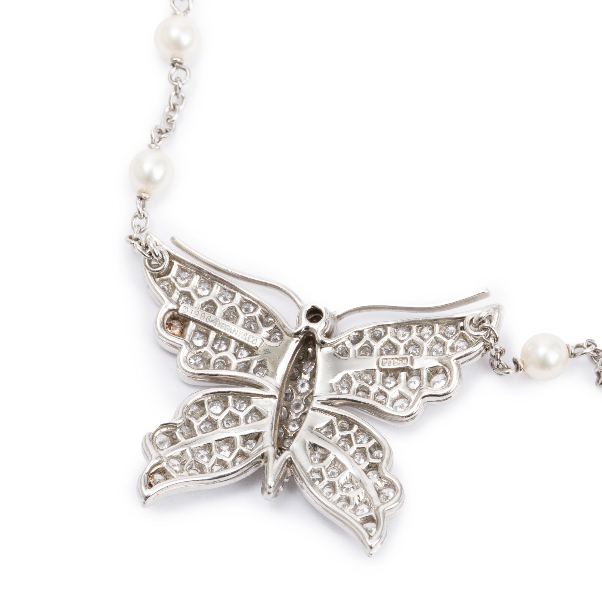 Tiffany & Co. Platinum Diamond Butterfly Pendant Pearl Necklace