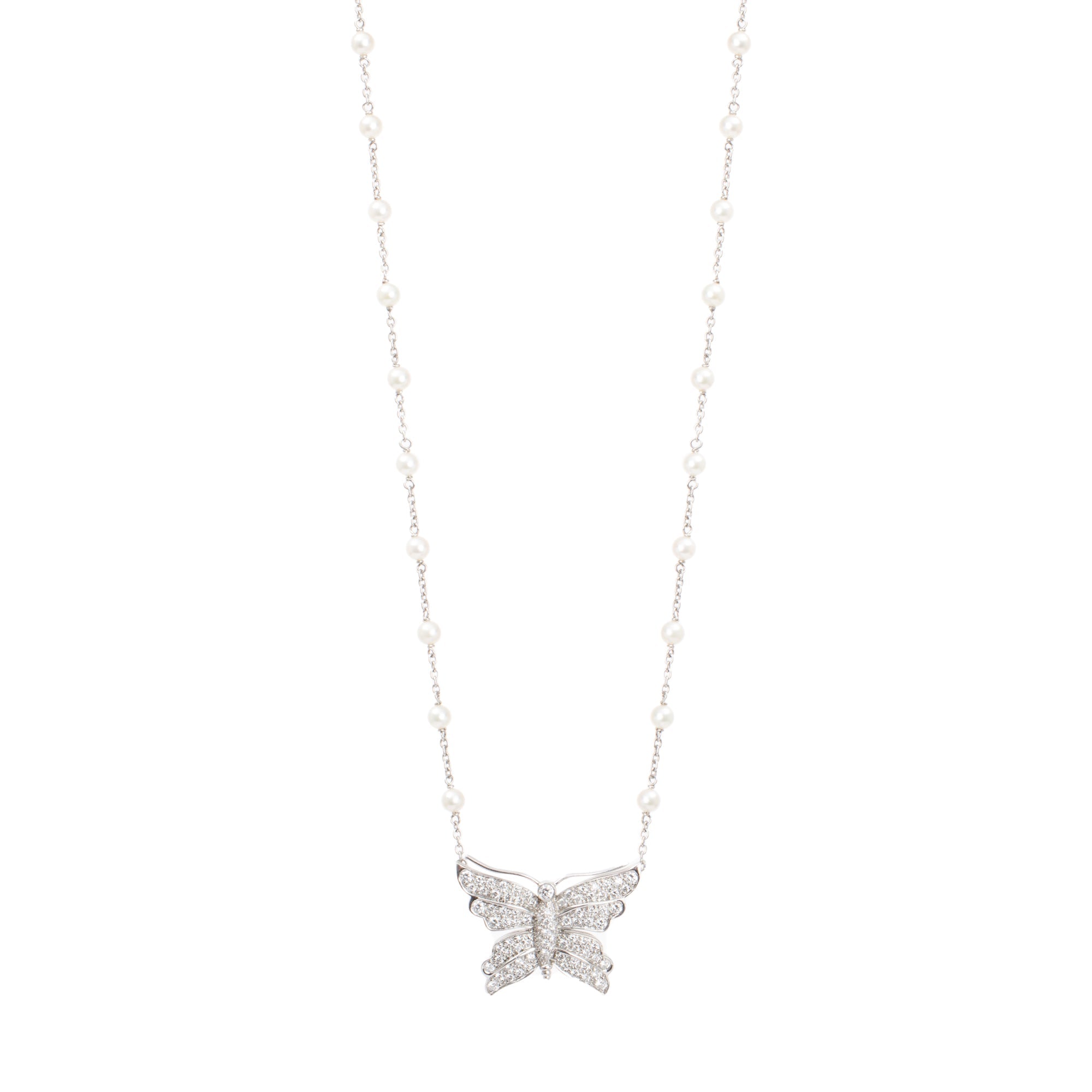 Tiffany & Co. Platinum Diamond Butterfly Pendant Pearl Necklace