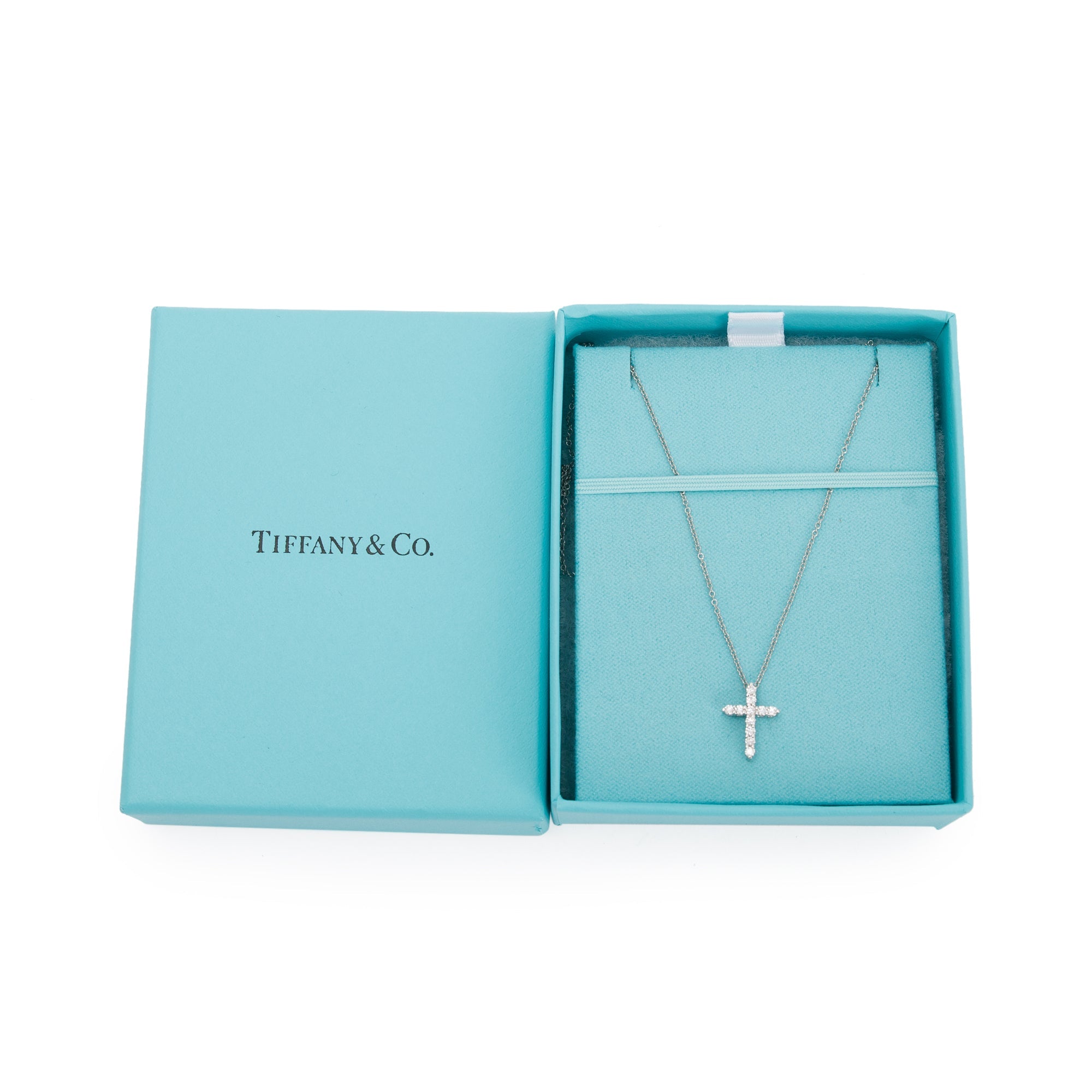 Tiffany & Co. Platinum Diamond Mini Cross Pendant Necklace w/ Box & Receipt