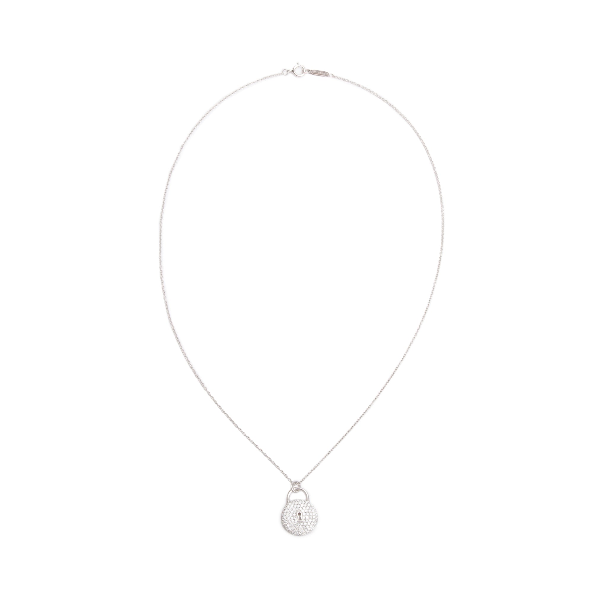 Tiffany & Co. Platinum Diamond Mini Round Lock Pendant Necklace w/ Box