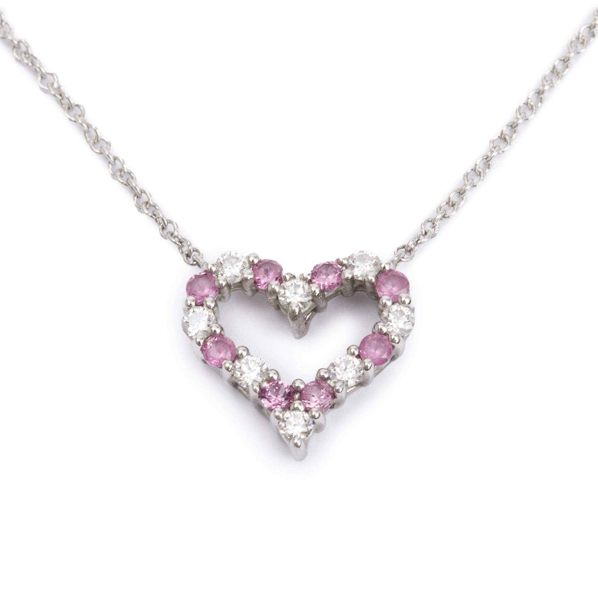 Tiffany & Co. Platinum Diamond & Pink Sapphire Mini Heart Pendant Necklace w/ Box