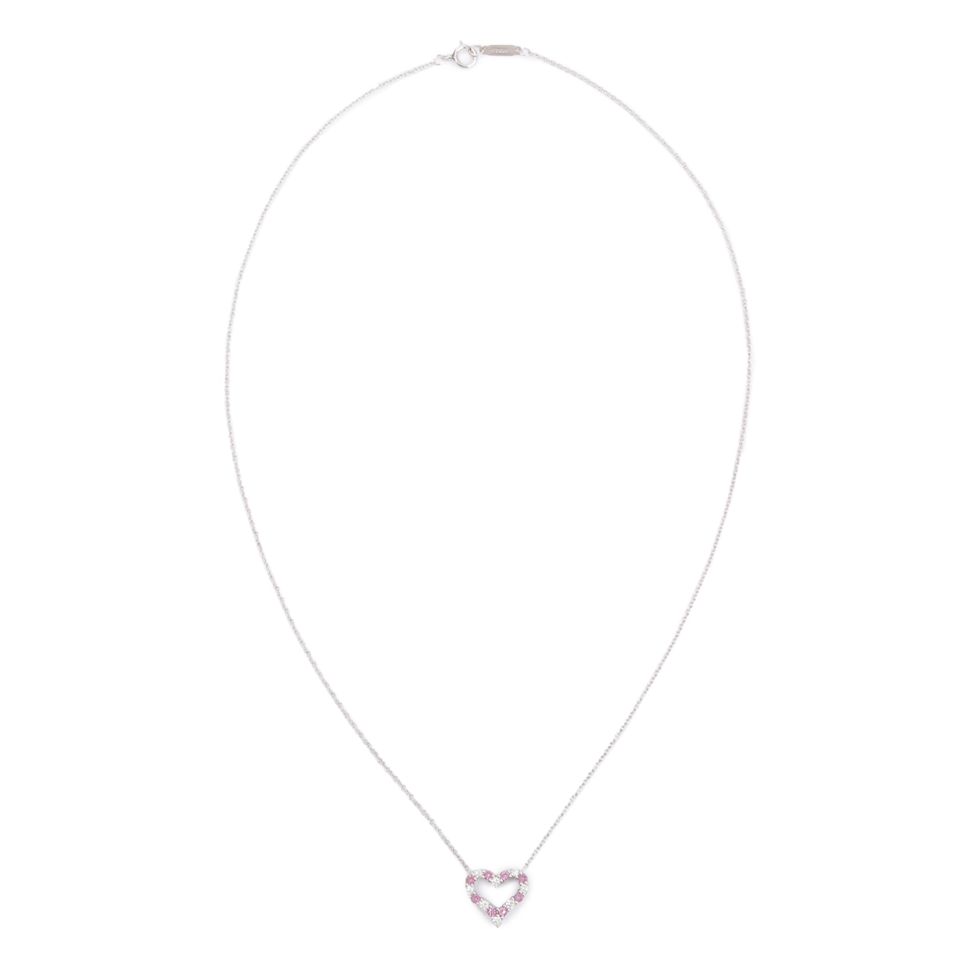 Tiffany & Co. Platinum Diamond & Pink Sapphire Mini Heart Pendant Necklace w/ Box
