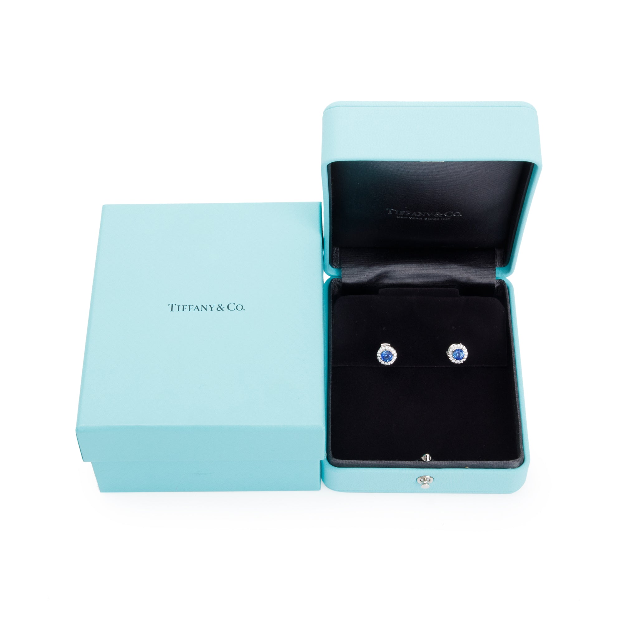 Tiffany & Co. Platinum Sapphire & Diamond Soleste Earrings w/ Box & Receipt