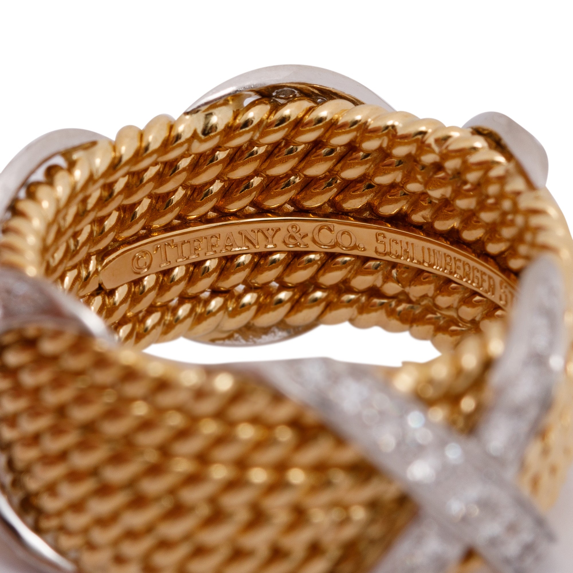 Tiffany & Co. Schlumberger 18k Gold & Platinum Rope Six-Row Diamond "X" Ring