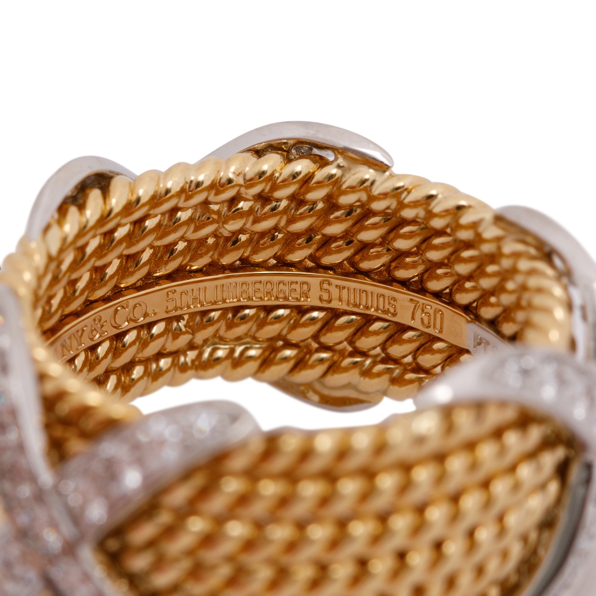 Tiffany & Co. Schlumberger 18k Gold & Platinum Rope Six-Row Diamond "X" Ring
