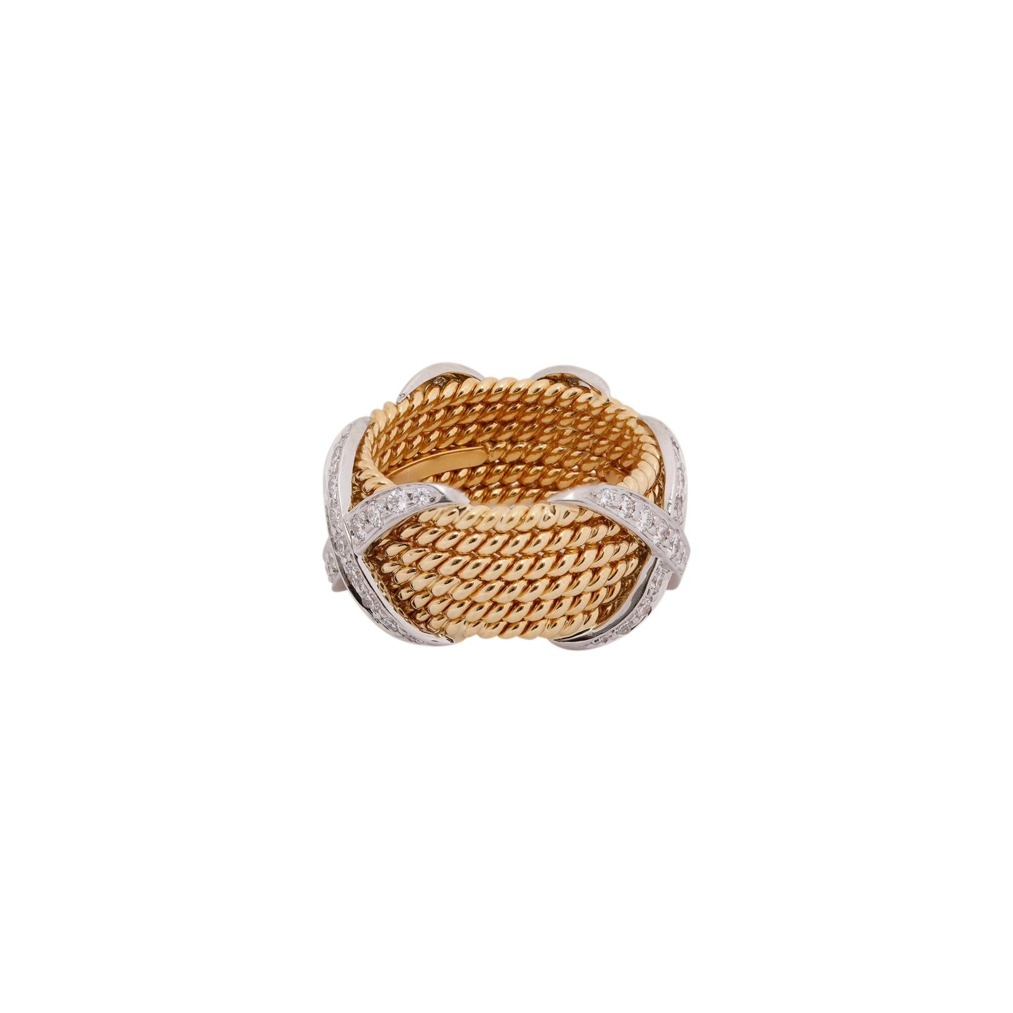 Tiffany & Co. Schlumberger 18k Gold & Platinum Rope Six-Row Diamond "X" Ring