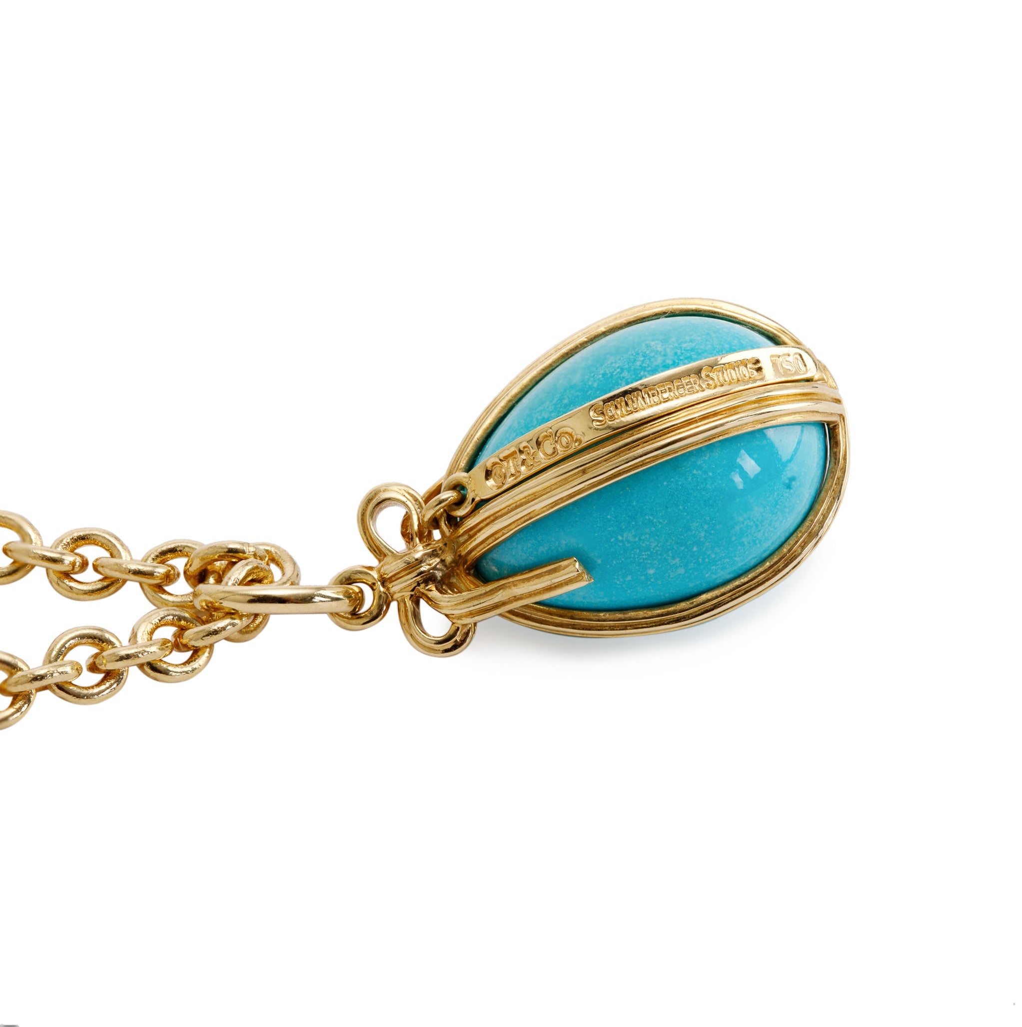 Tiffany & Co. Schlumberger 18k Yellow Gold Turquoise Egg Pendant Necklace w/ Box