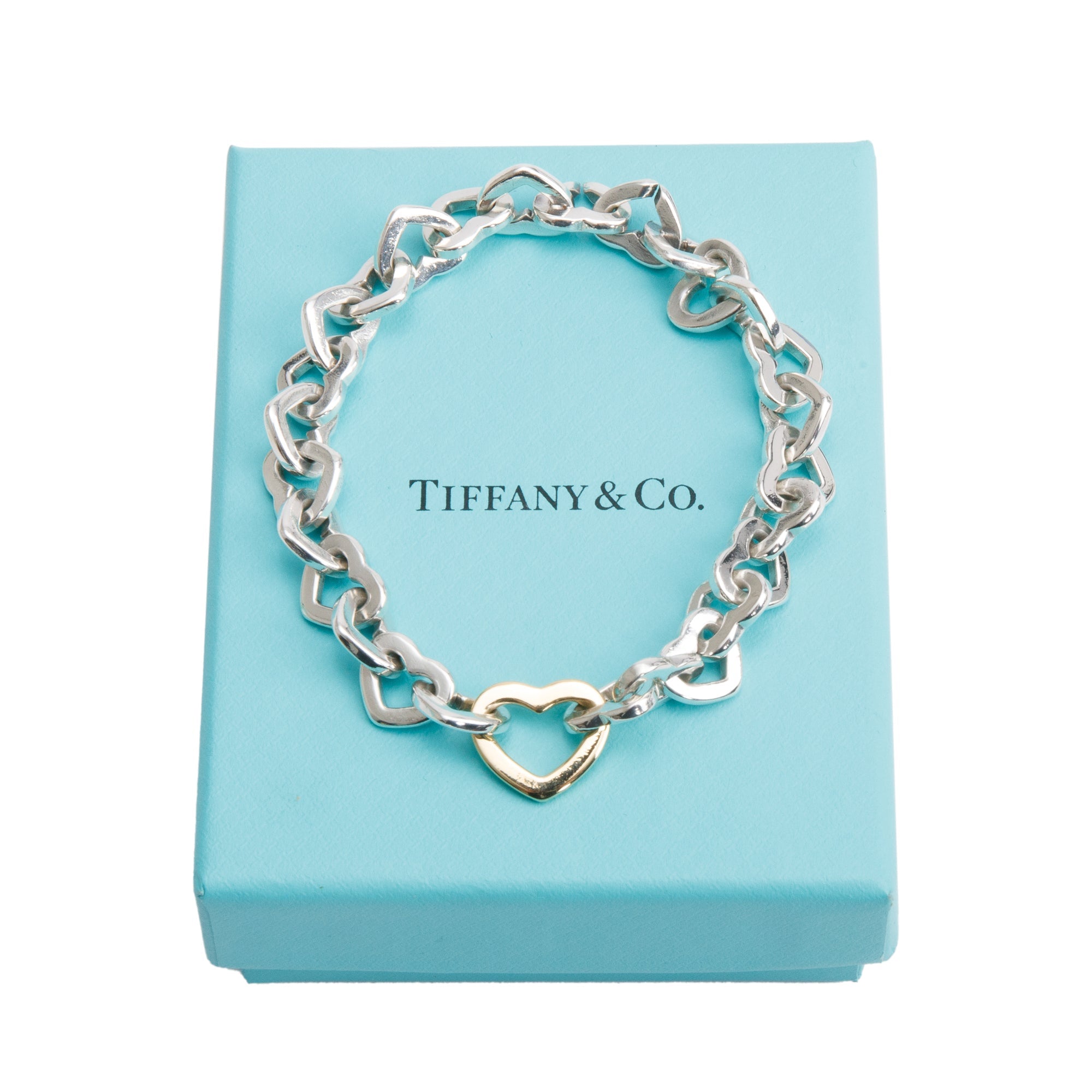 Tiffany & Co. Sterling Silver & 18k Yellow Gold Heart Link Bracelet w/ Box