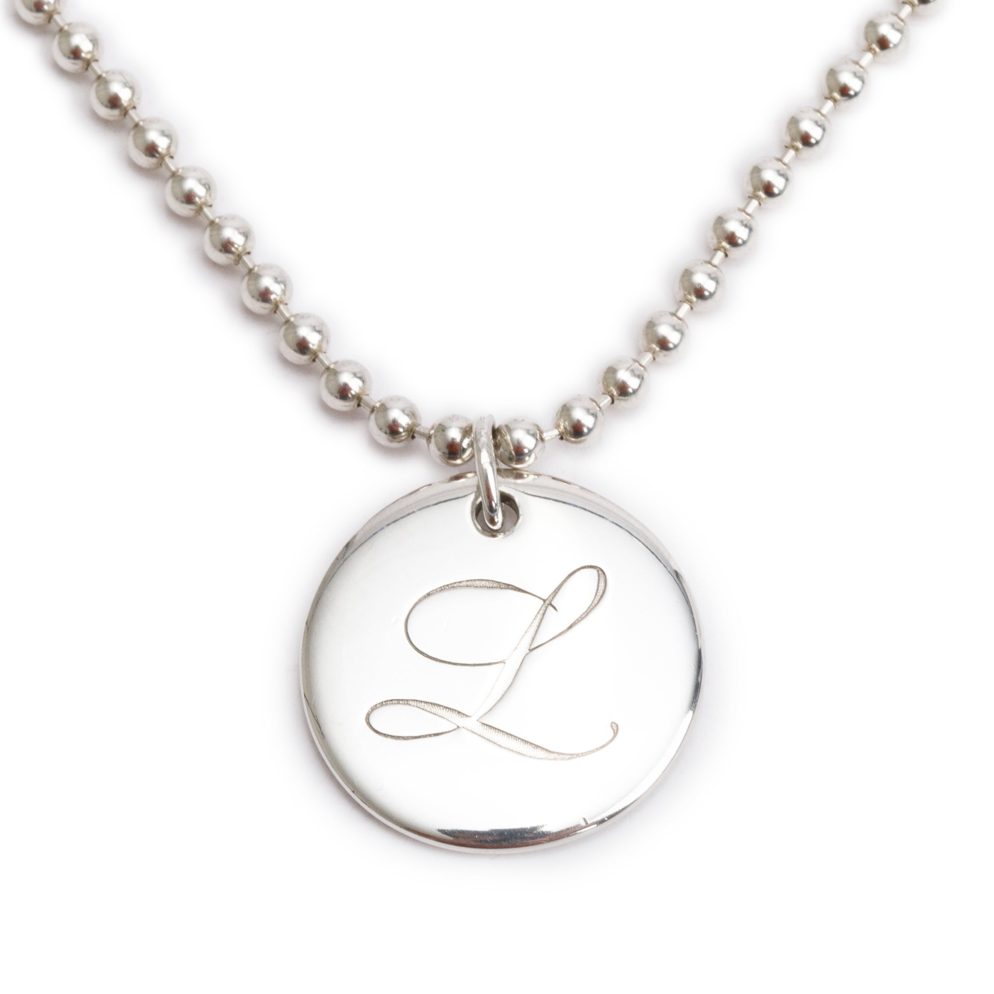 Tiffany & Co. Sterling Silver Alphabet Letter 'L' Medium Round Tag Pendant Necklace