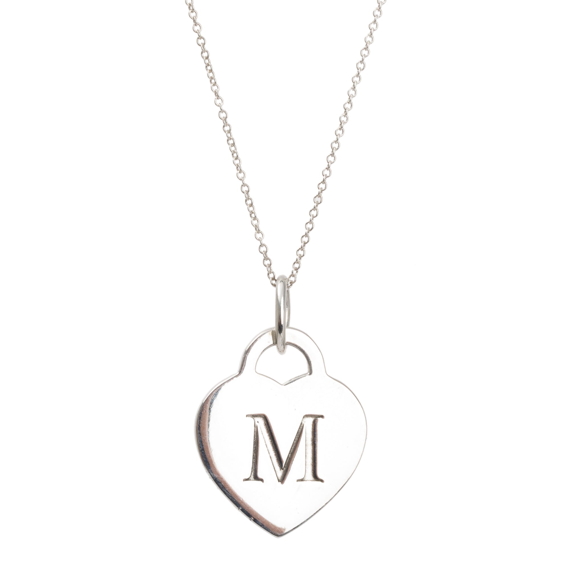 Tiffany & Co. Sterling Silver Alphabet Letter 'M' Medium Heart Tag Pendant Necklace