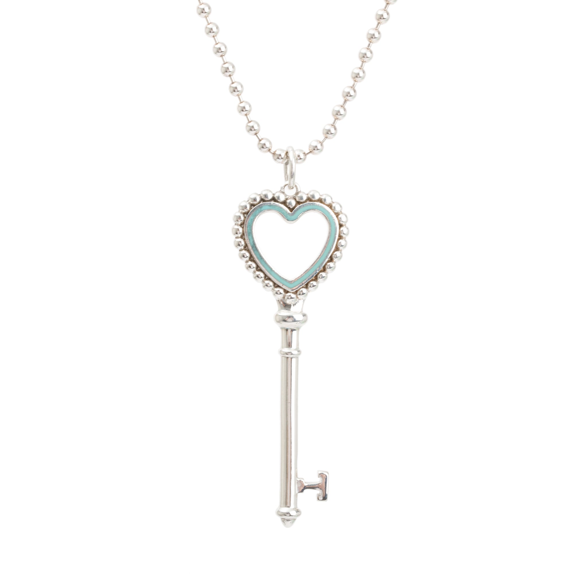 Tiffany & Co. Sterling Silver Blue Enamel Beaded Heart Key Pendant Necklace