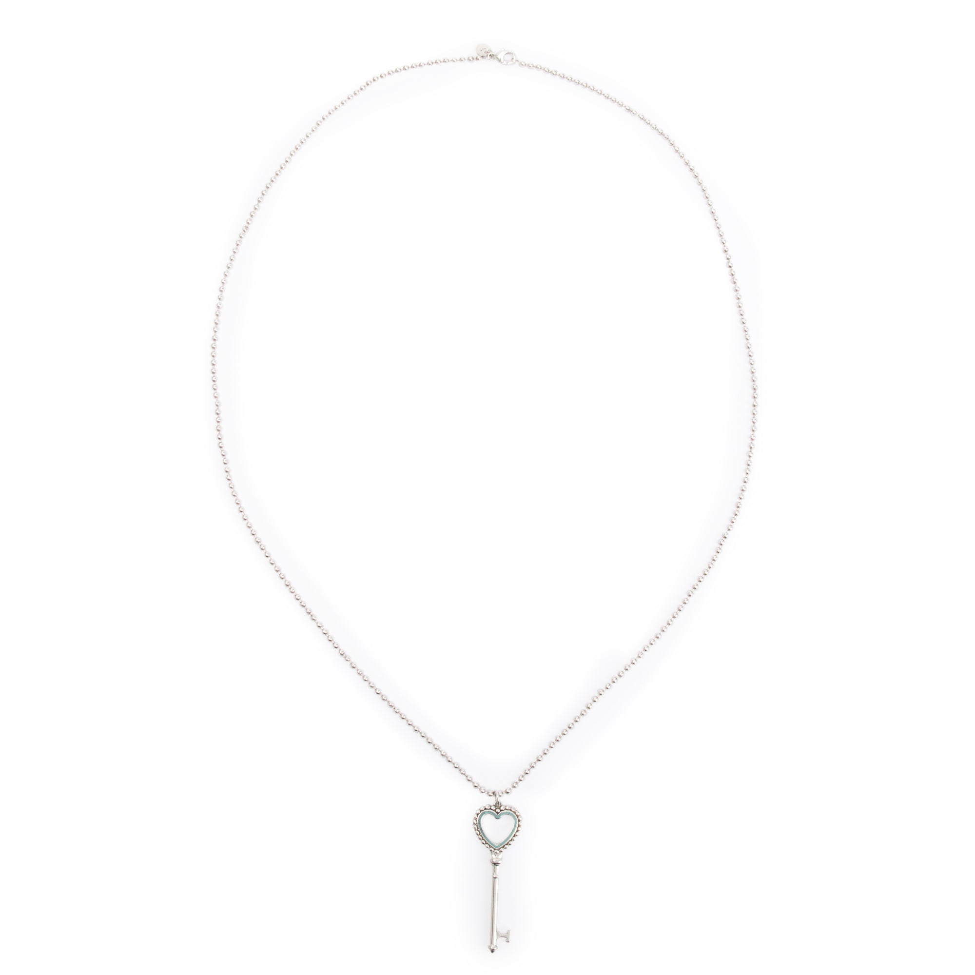 Tiffany & Co. Sterling Silver Blue Enamel Beaded Heart Key Pendant Necklace