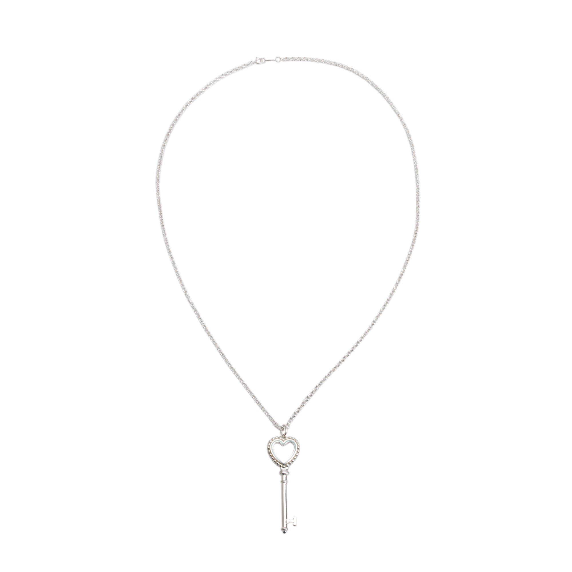 Tiffany & Co. Sterling Silver Blue Enamel Beaded Heart Key Pendant Necklace
