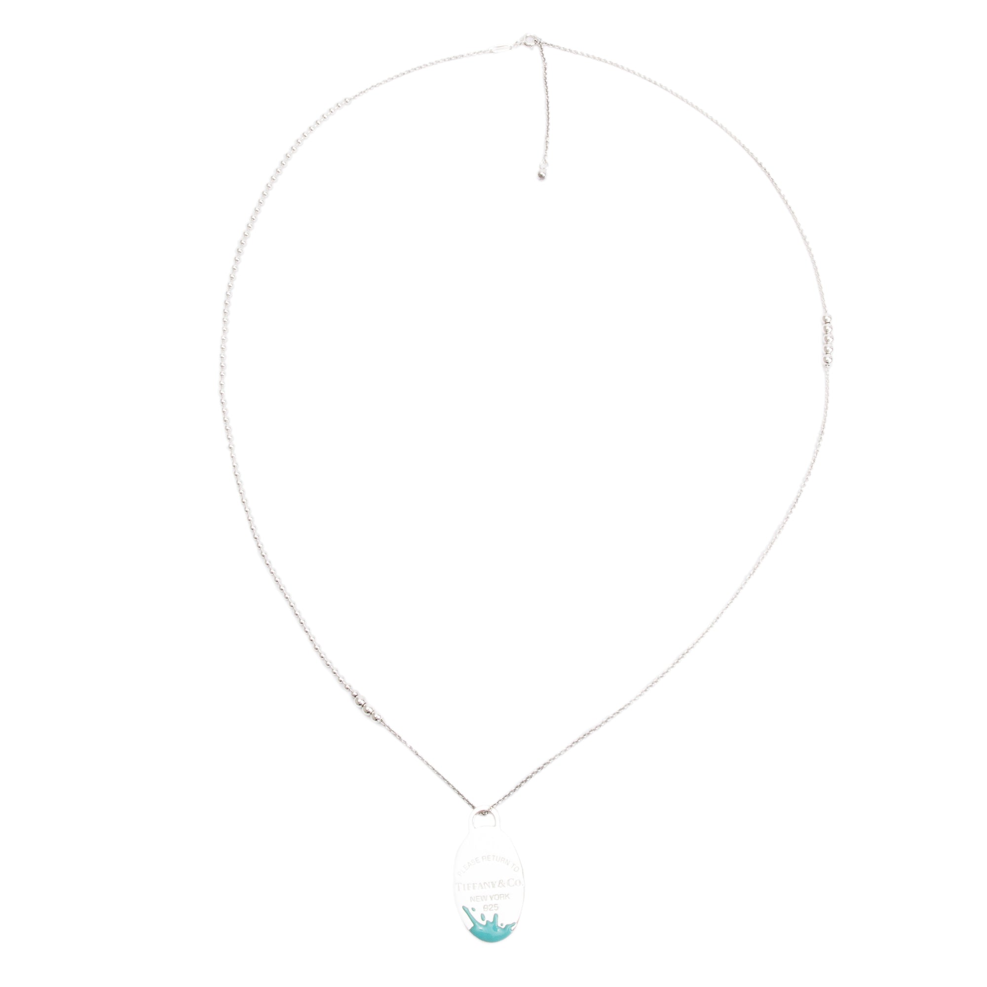 Tiffany & Co. Sterling Silver Blue Enamel Color Splash Oval Tag Pendant on Mixed Bead Chain Necklace