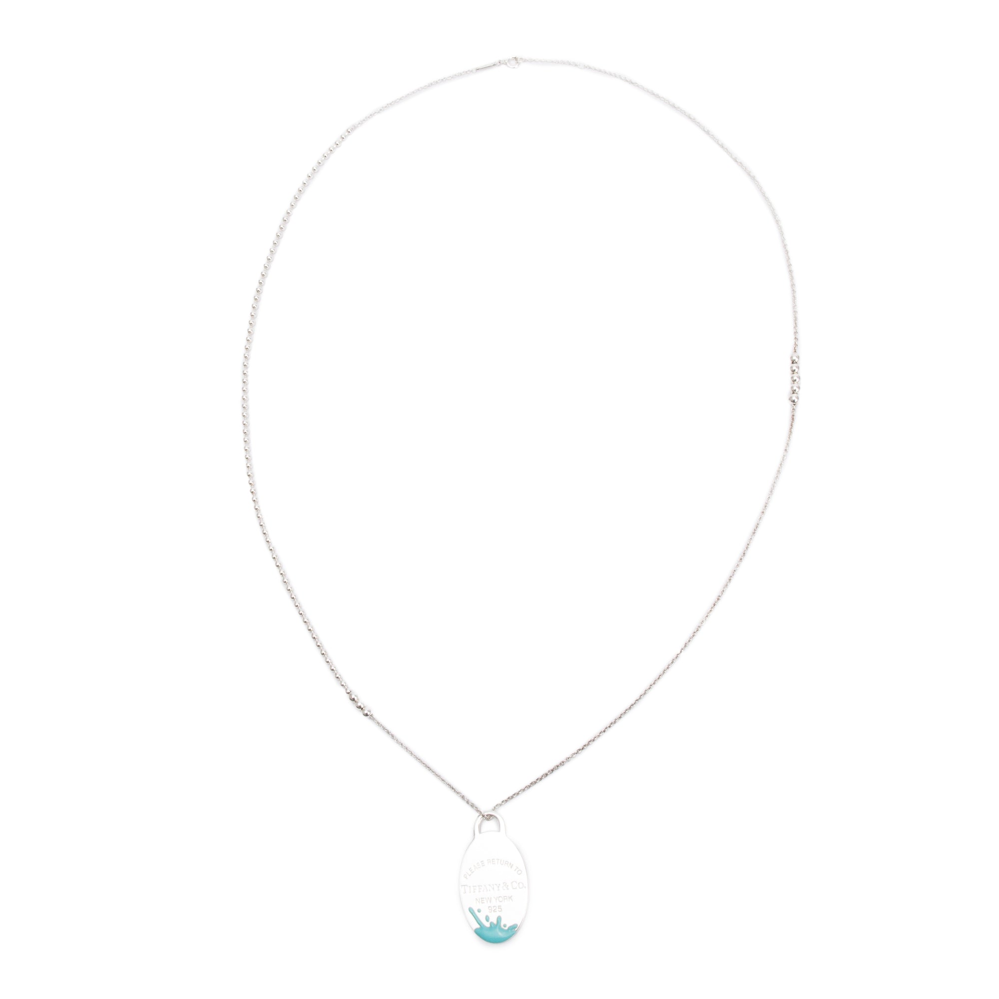 Tiffany & Co. Sterling Silver Blue Enamel Color Splash Oval Tag Pendant on Mixed Bead Chain Necklace