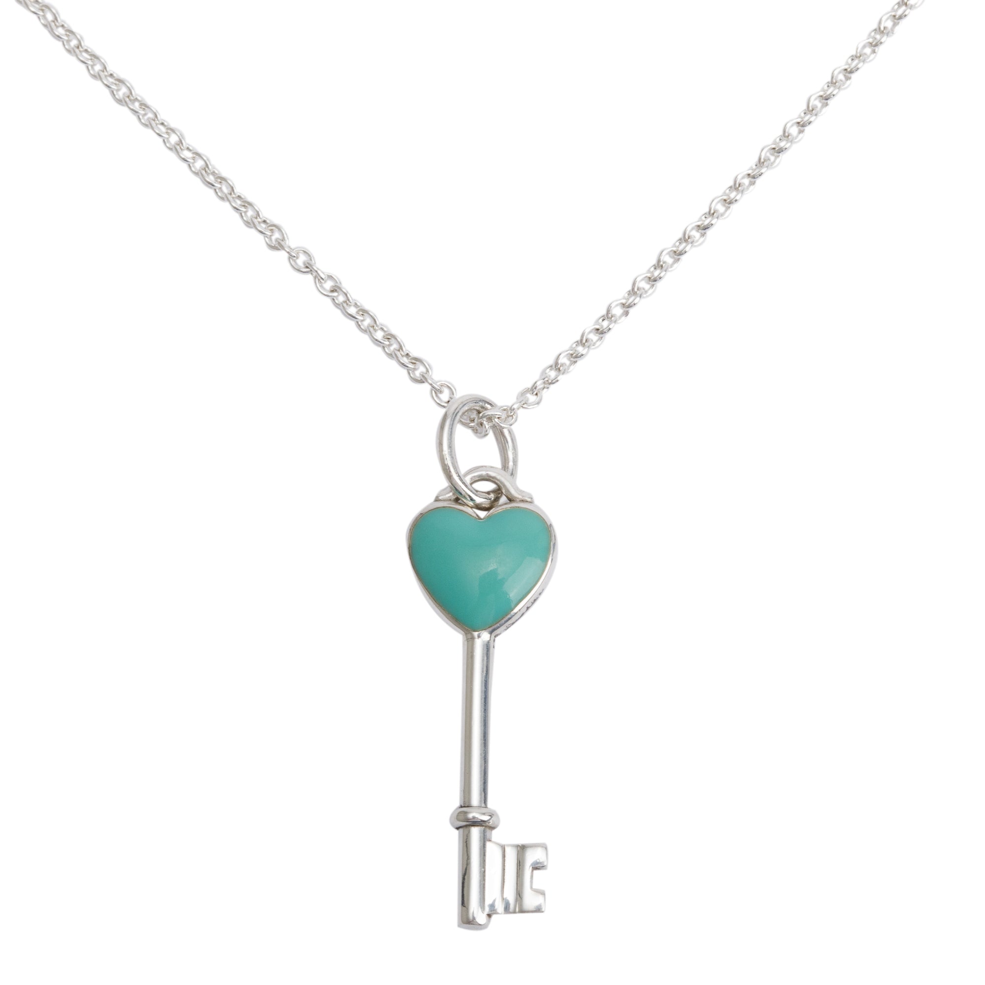 Tiffany & Co. Sterling Silver Blue Enamel Mini Heart Key Pendant Necklace