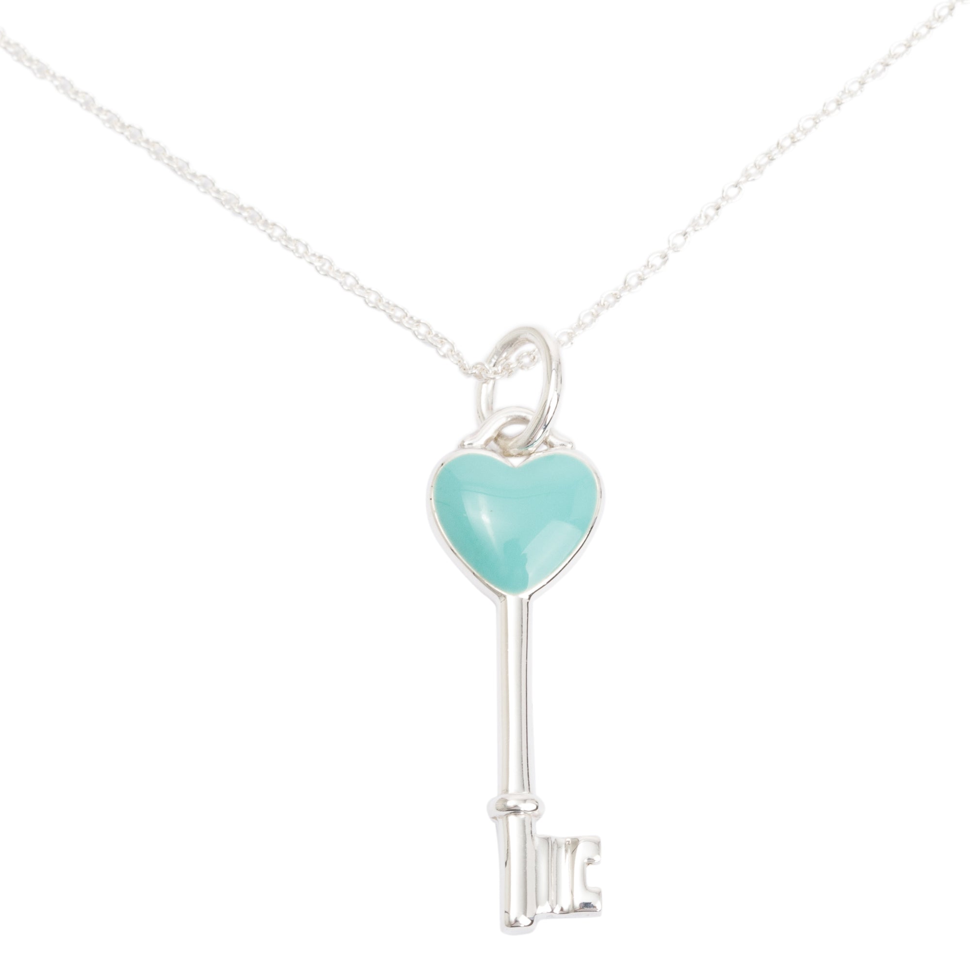 Tiffany & Co. Sterling Silver Blue Enamel Mini Heart Key Pendant Necklace