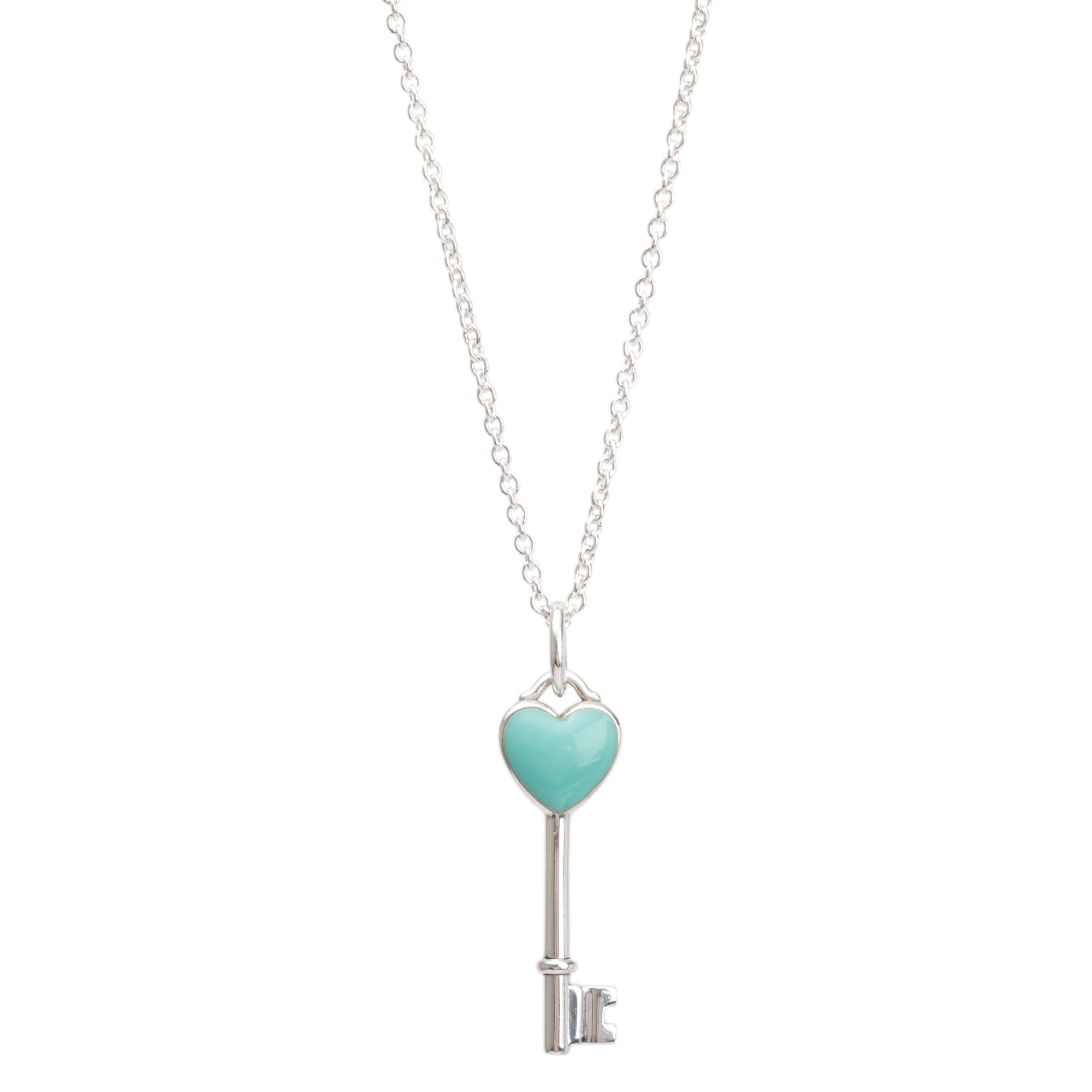 Tiffany & Co. Sterling Silver Blue Enamel Mini Heart Key Pendant Necklace