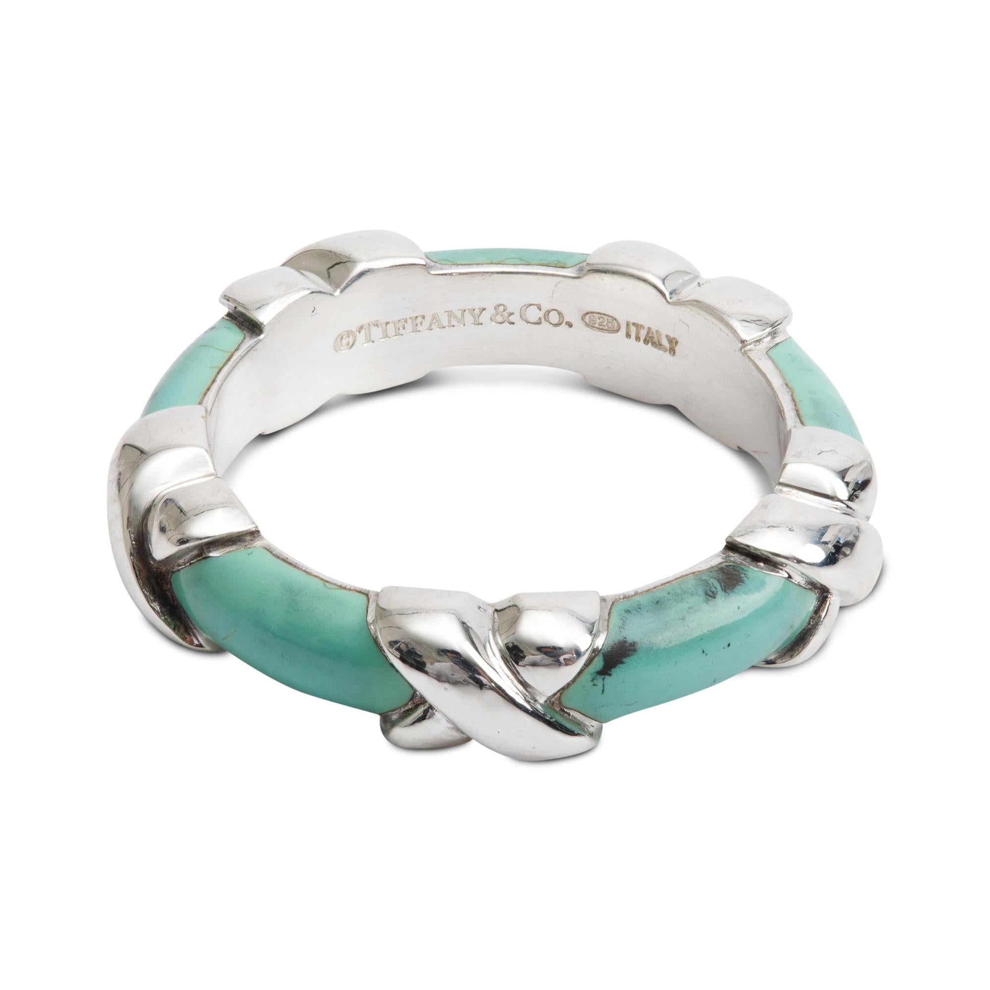 Tiffany & Co. Sterling Silver Blue Enamel X Band Ring, Size 5