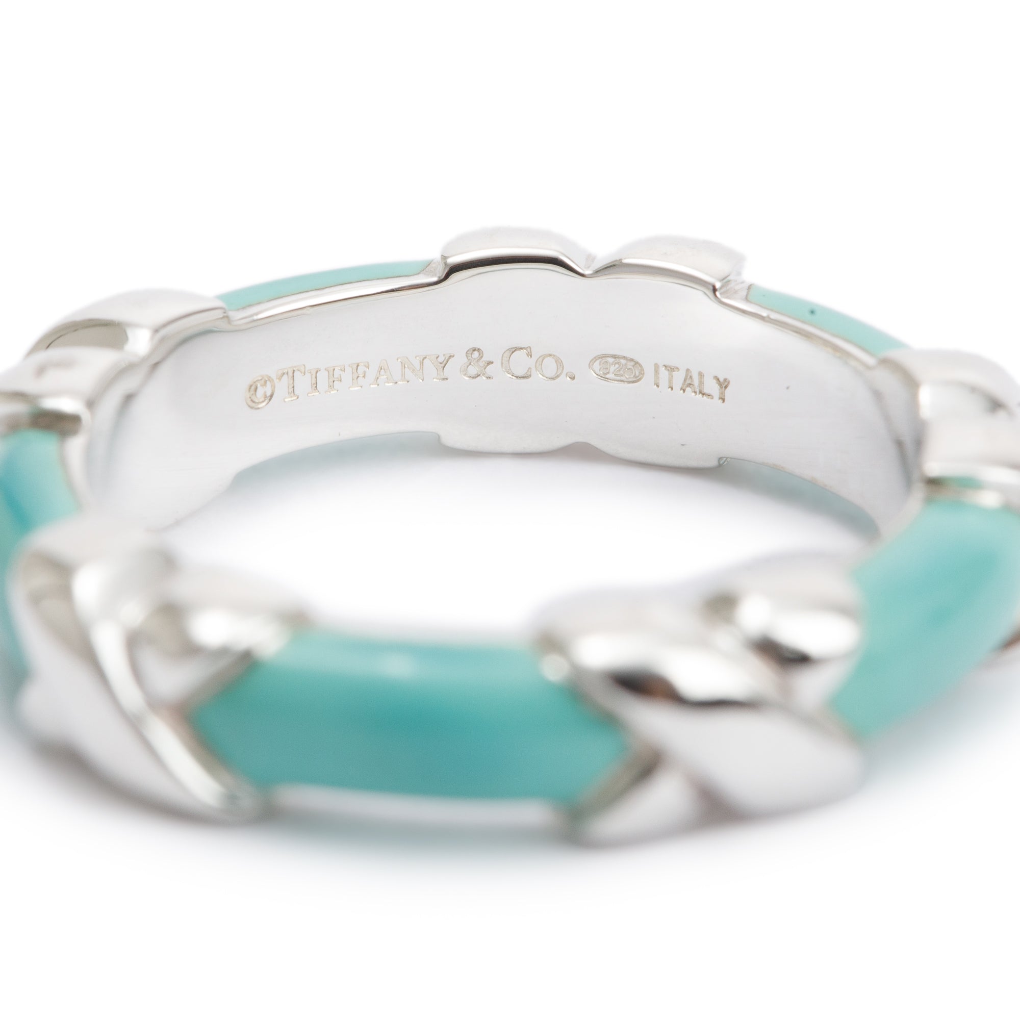 Tiffany & Co. Sterling Silver Blue Enamel X Band Ring, Size 5.5