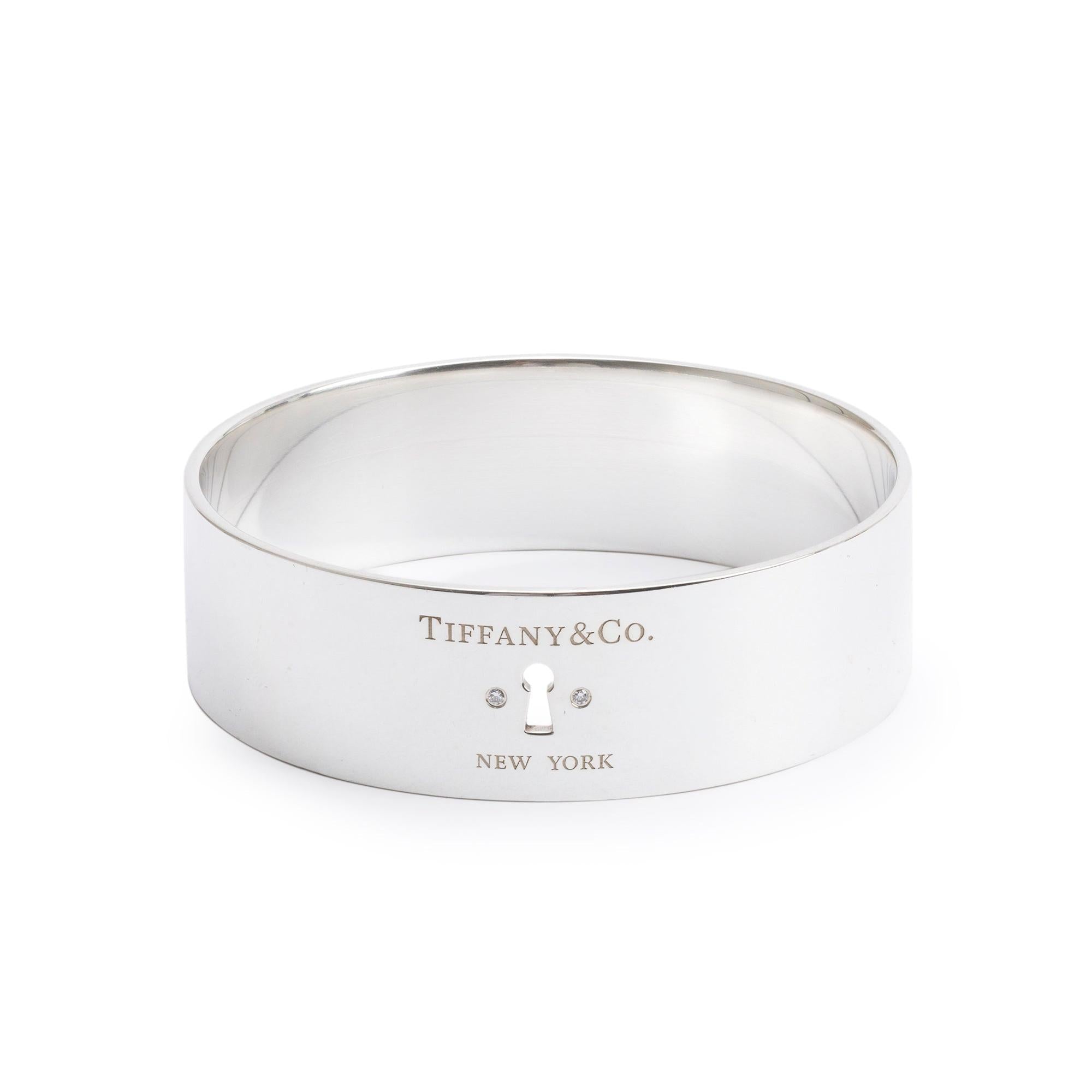 Tiffany & Co. Sterling Silver Diamond Lock Wide Bangle w/ Box