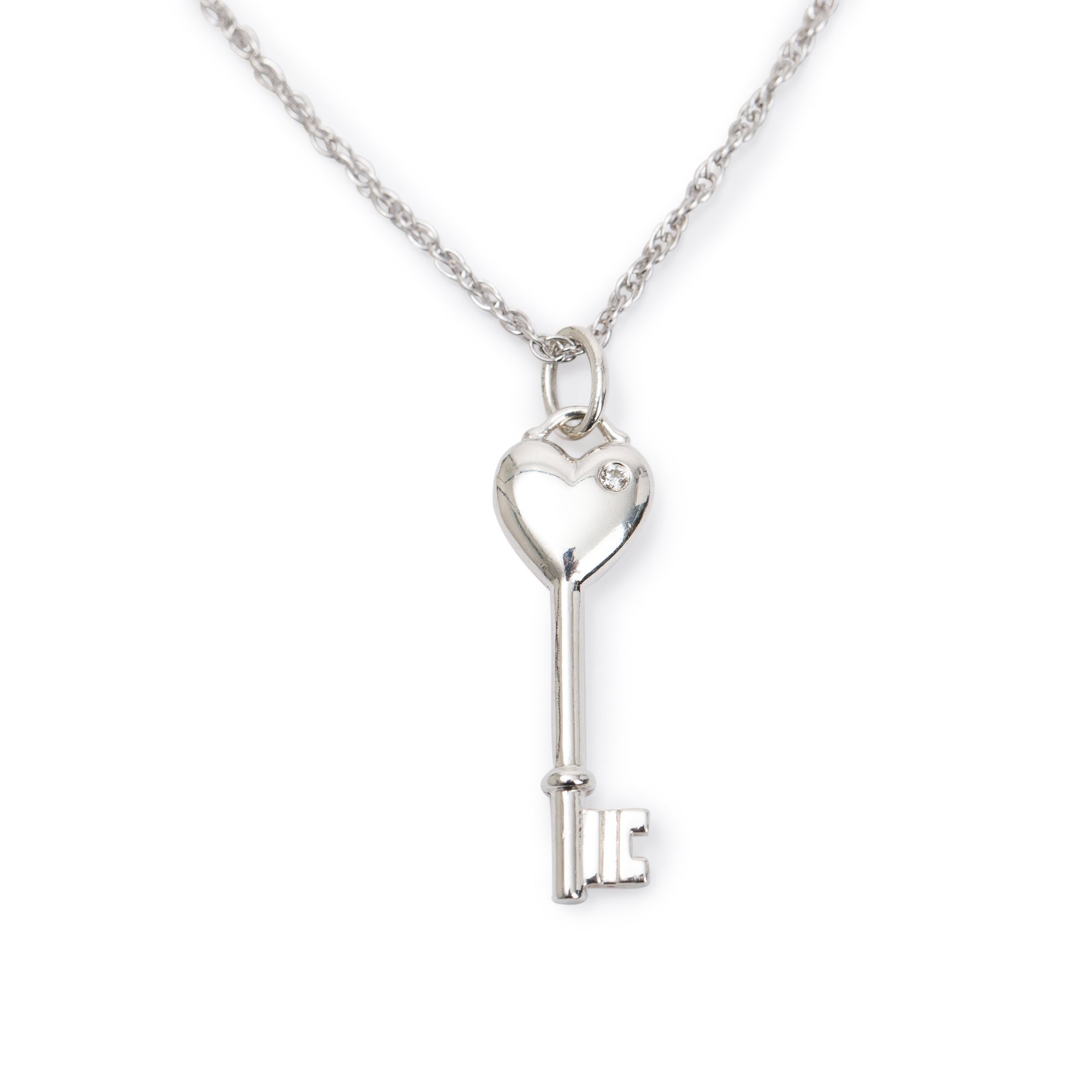 Tiffany & Co. Sterling Silver Mini Diamond Heart Key Pendant Necklace w/ Box