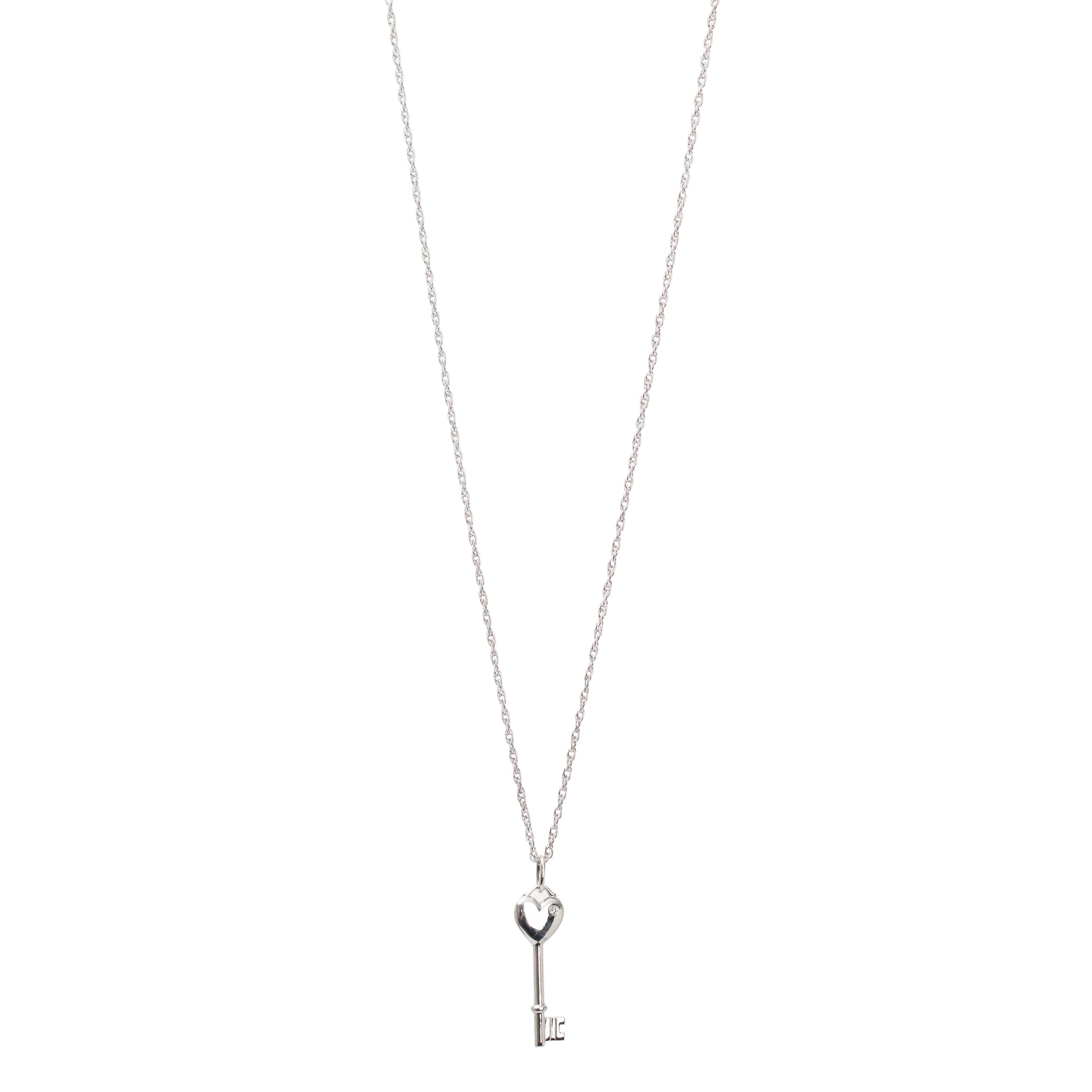 Tiffany & Co. Sterling Silver Mini Diamond Heart Key Pendant Necklace w/ Box
