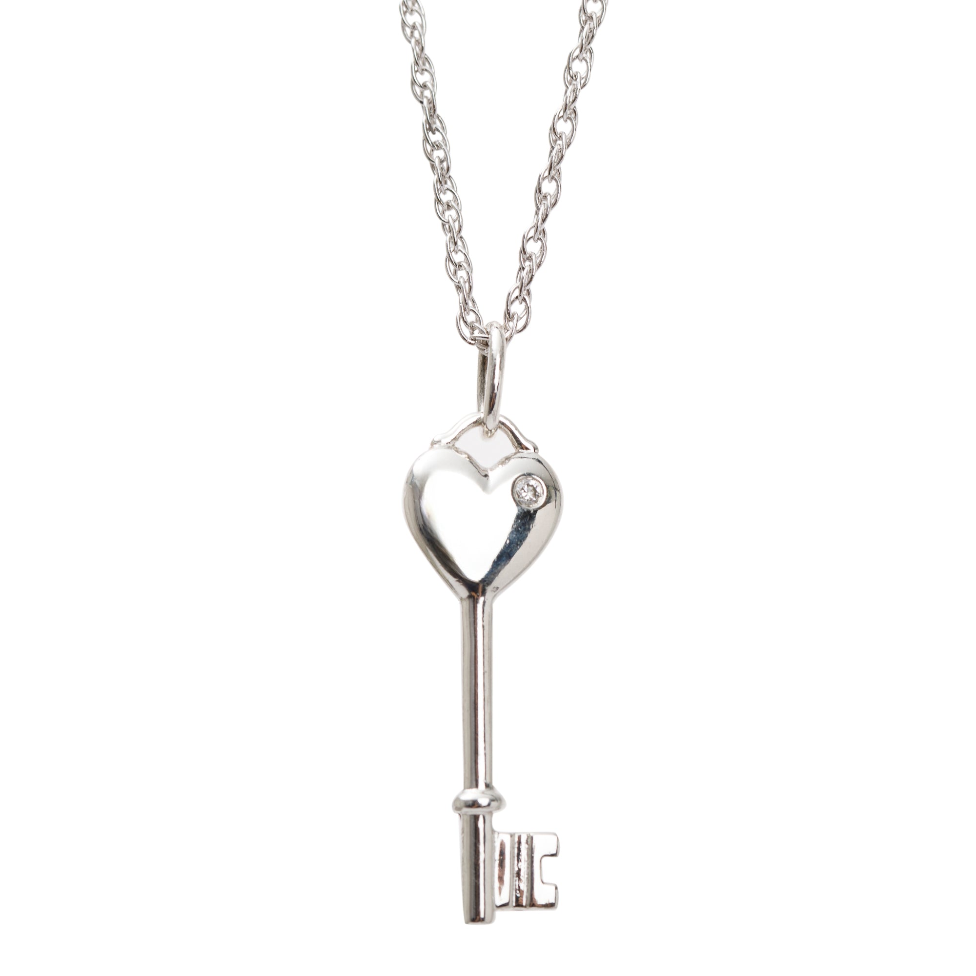 Tiffany & Co. Sterling Silver Mini Diamond Heart Key Pendant Necklace w/ Box