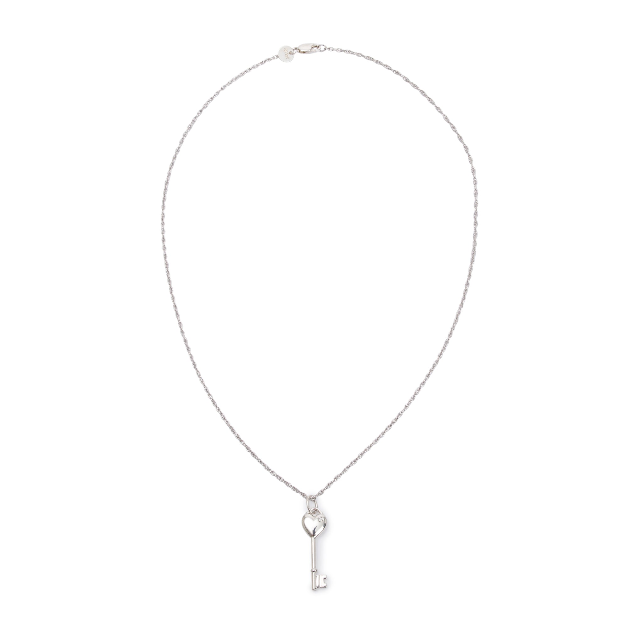 Tiffany & Co. Sterling Silver Mini Diamond Heart Key Pendant Necklace w/ Box