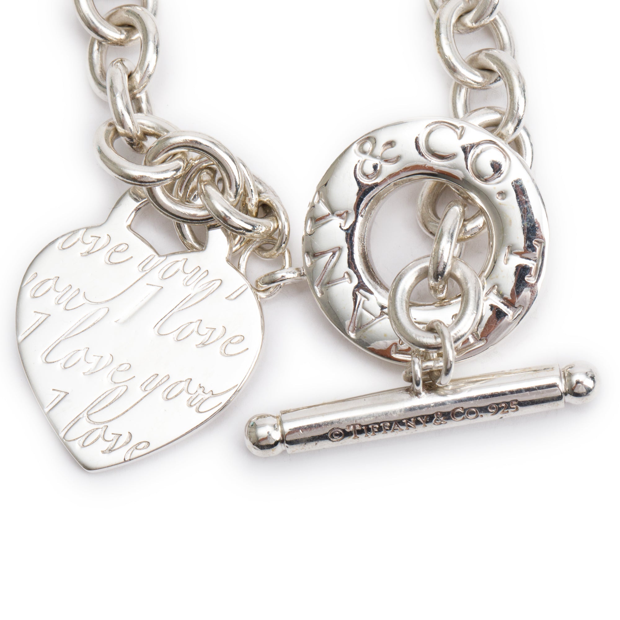 Tiffany & Co. Sterling Silver Notes 'I Love You' Heart Tag Charm Bracelet with Toggle Clasp
