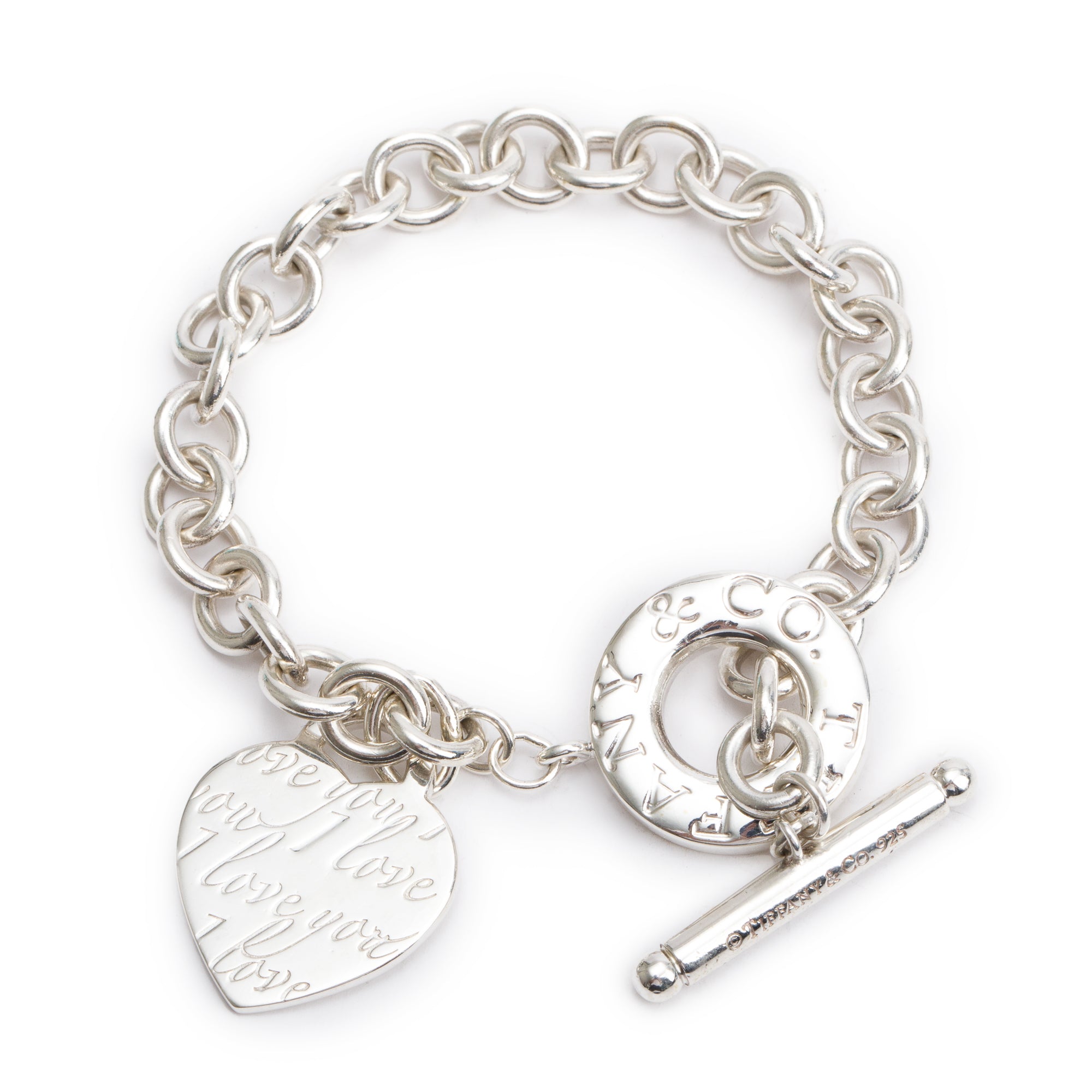 Tiffany & Co. Sterling Silver Notes 'I Love You' Heart Tag Charm Bracelet with Toggle Clasp