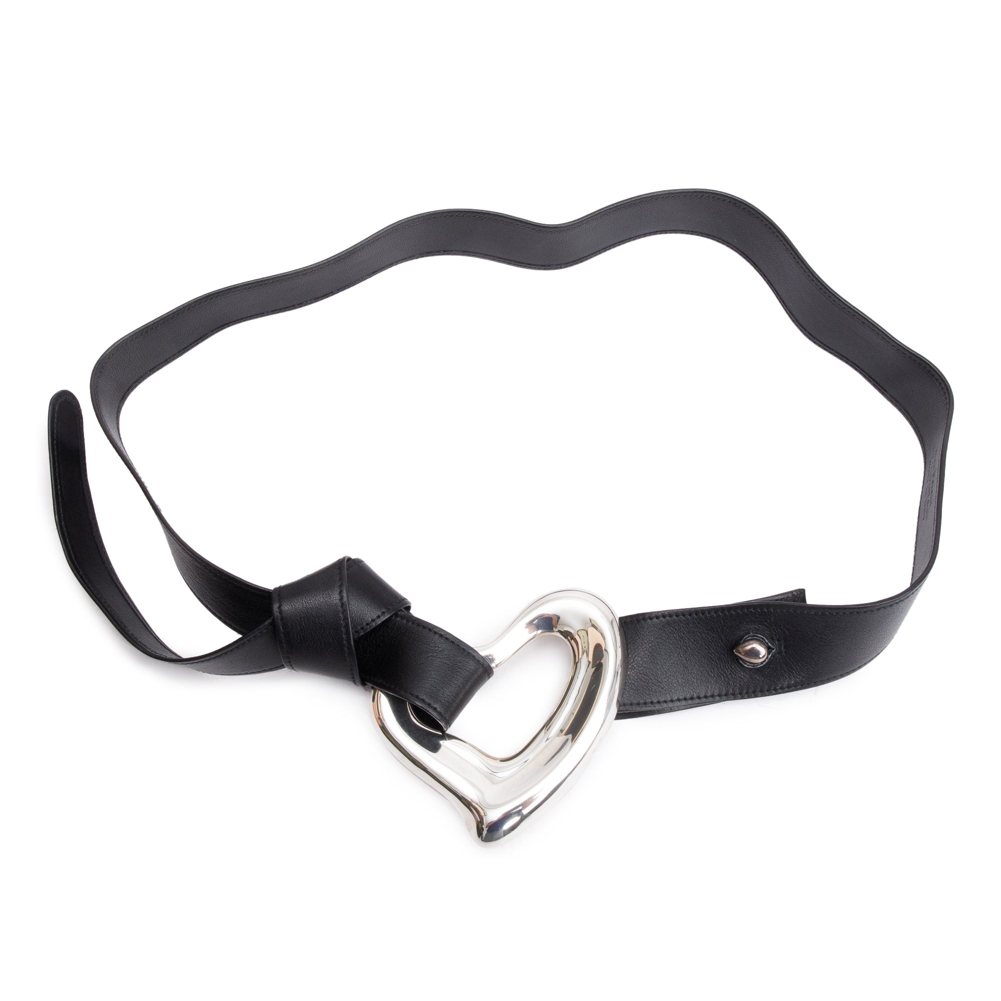 Tiffany & Co. Sterling Silver Open Heart Buckle Black Leather Belt w/ Box