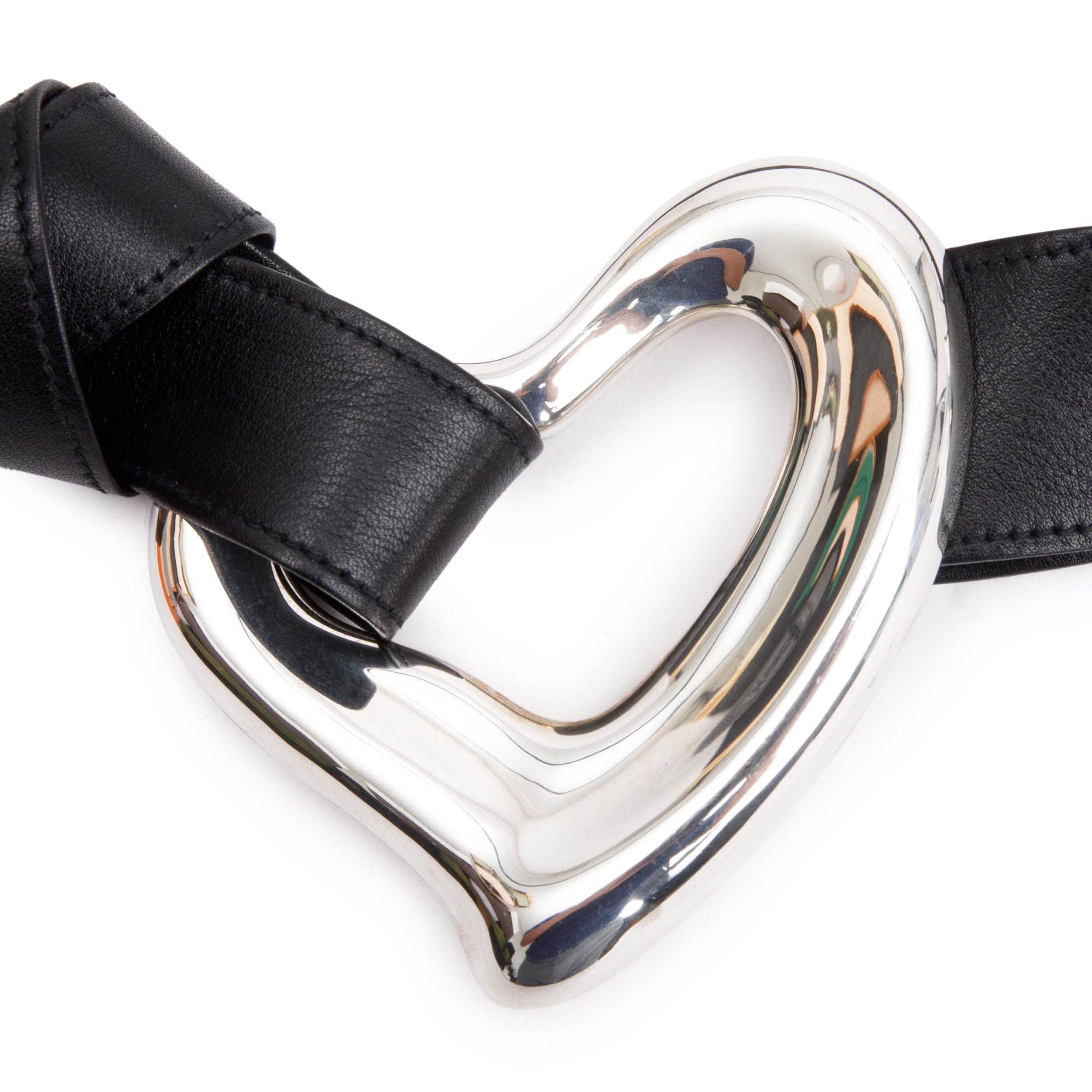 Tiffany & Co. Sterling Silver Open Heart Buckle Black Leather Belt w/ Box