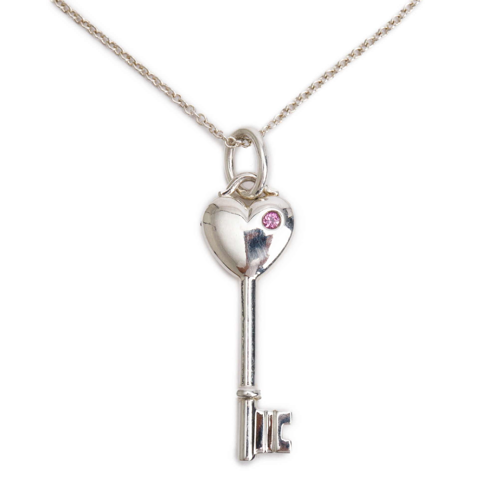 Tiffany & Co. Sterling Silver Pink Sapphire Mini Heart Key Pendant Necklace