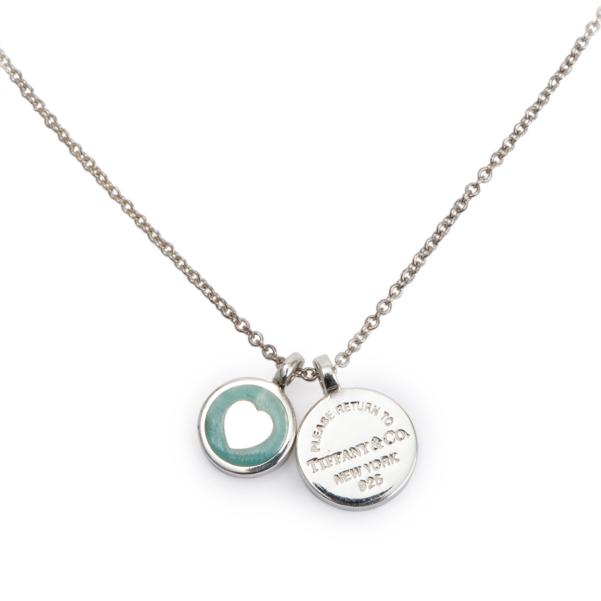 Tiffany & Co. Sterling Silver Return to Tiffany Mini Double Circle Tag Pendant Necklace w/ Blue Enamel