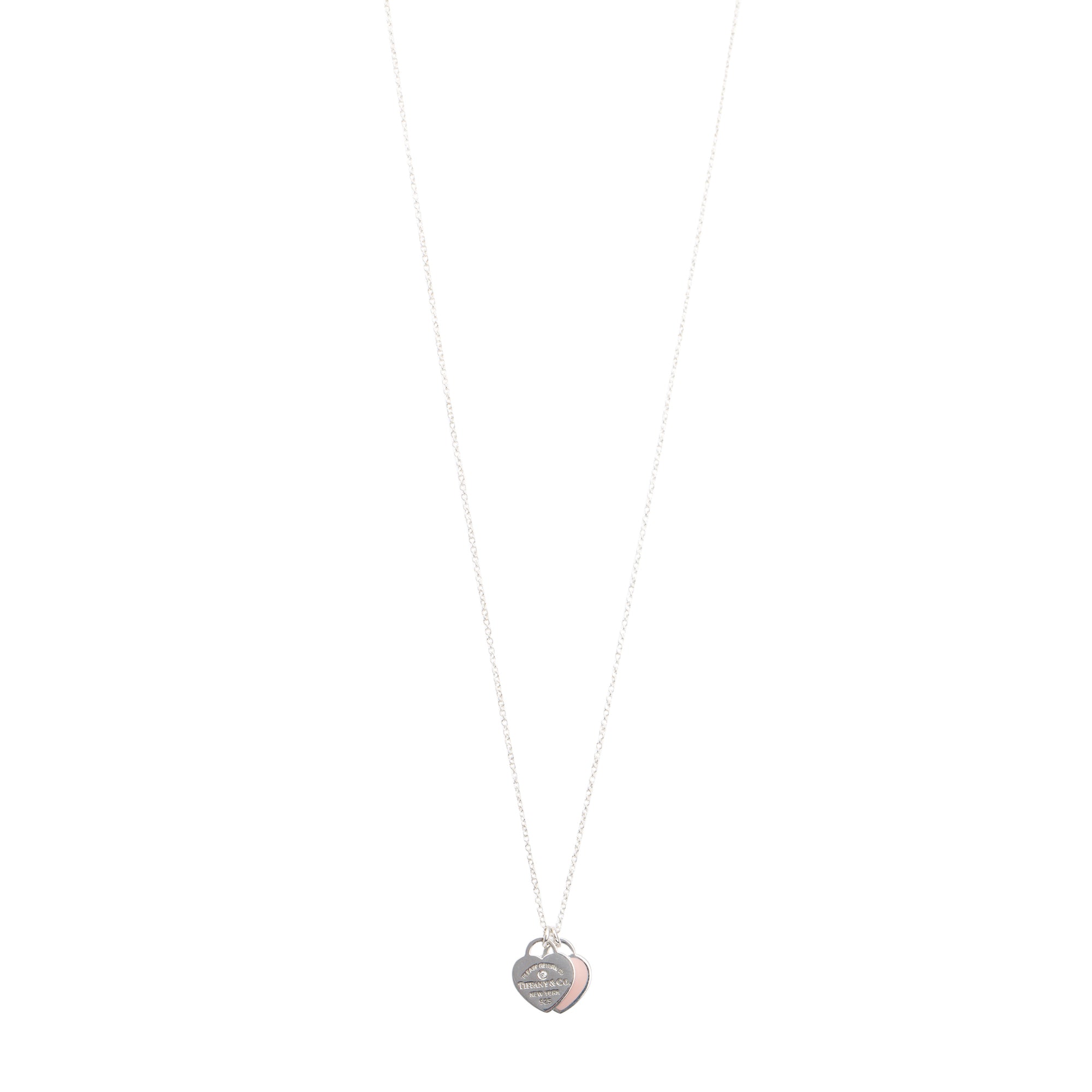 Tiffany & Co. Sterling Silver Return to Tiffany Mini Double Heart Tag Pendant Necklace with Pink Enamel & Diamond w/ Box