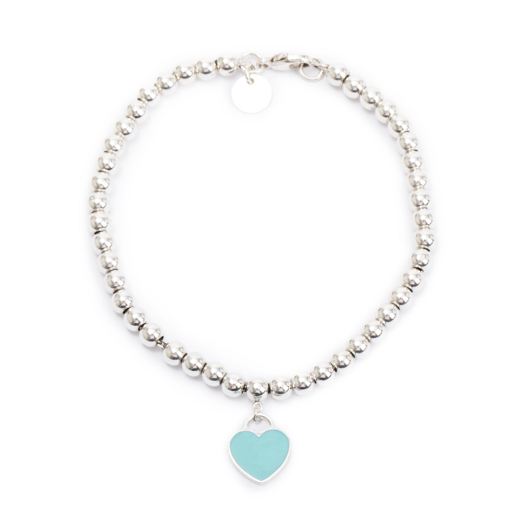Tiffany & Co. Sterling Silver Return to Tiffany Mini Heart Tag 4 MM Bead Bracelet with Blue Enamel