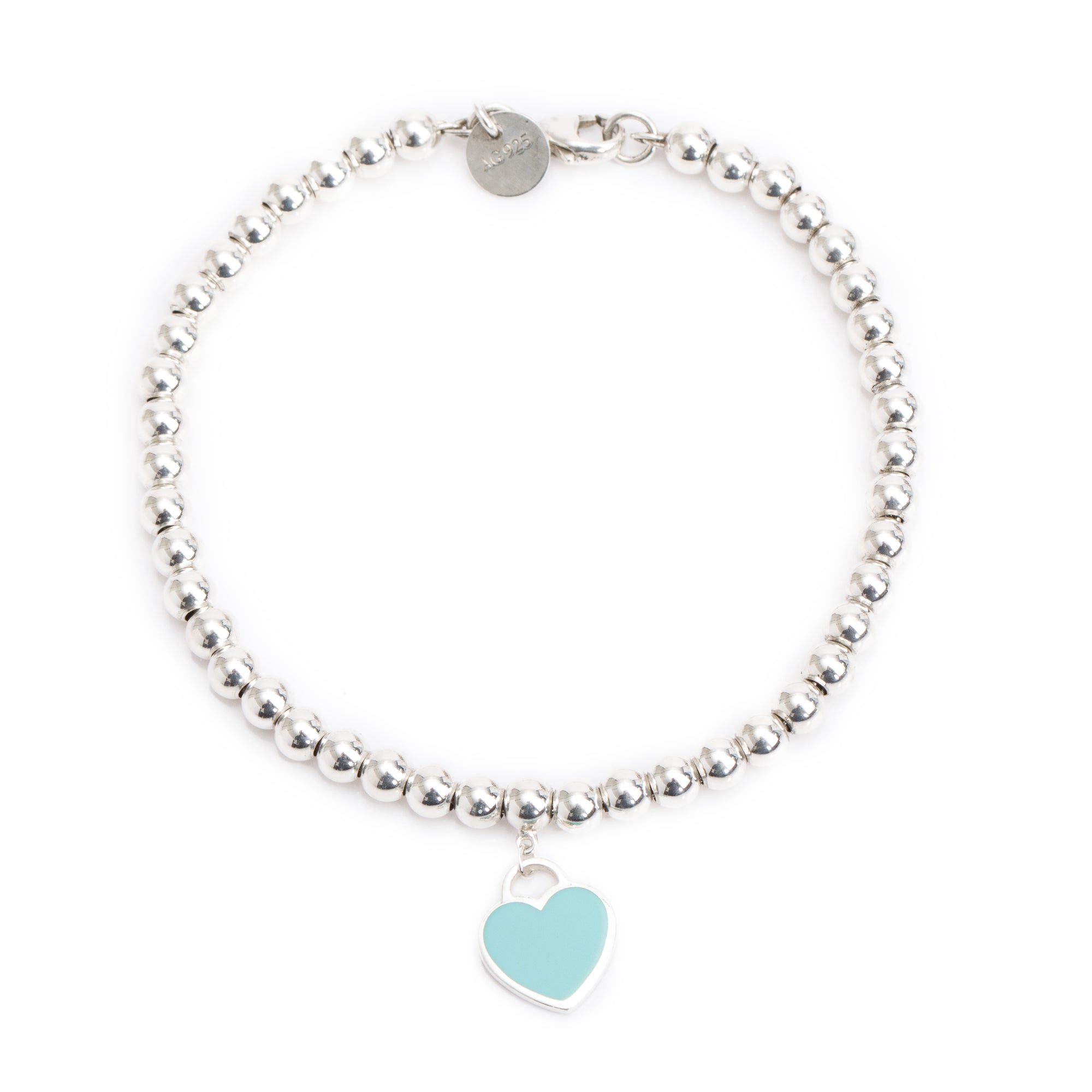 Tiffany & Co. Sterling Silver Return to Tiffany Mini Heart Tag 4 MM Bead Bracelet with Blue Enamel